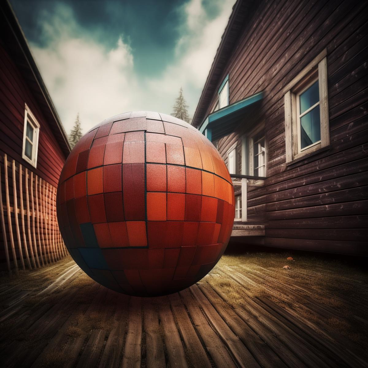 wooden house, wooden ball, wooden cube, air, Another dimension, bright and rich colors, photography