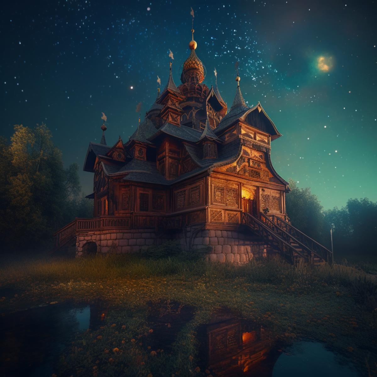 Wooden castle, fairy-tale world, fireflies, bright and rich colors, photography