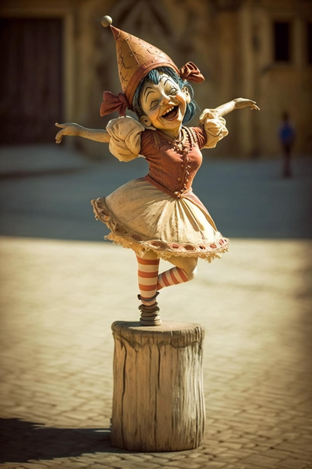 A luxury very beautiful wooden Pinocchio girl dances near a pole. High detail photography.