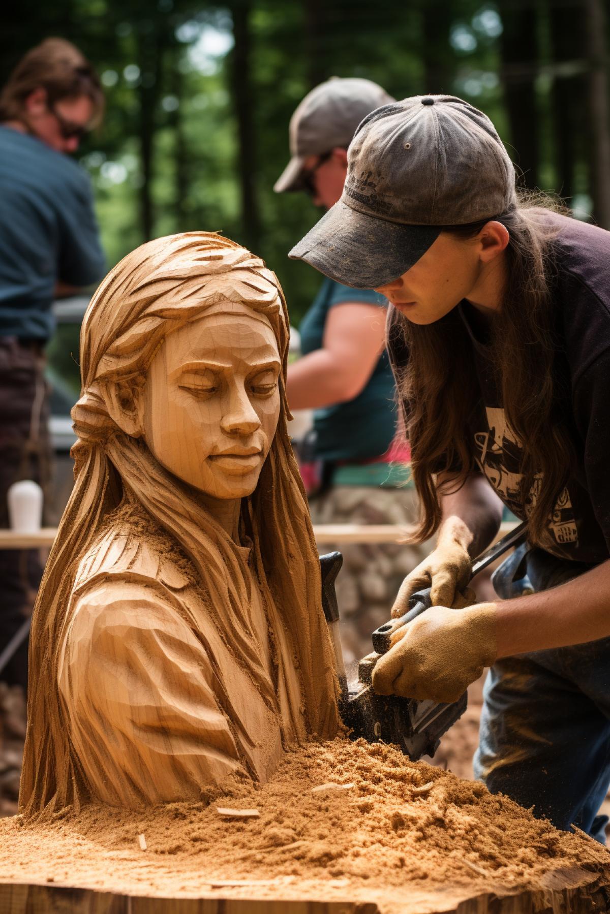 A wood carving contest takes place with a man carving a beautiful portrait of a girl out of wood with a chain saw.