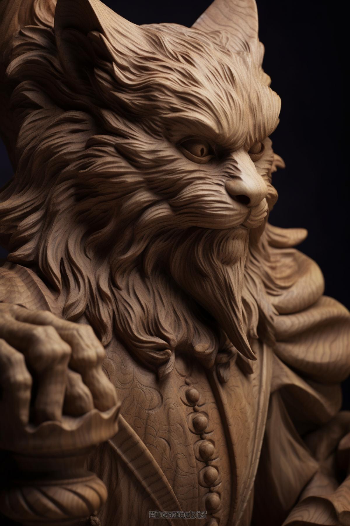 Wooden cat sorcerer magician fine exquisite carving baroque renaissance illustration
