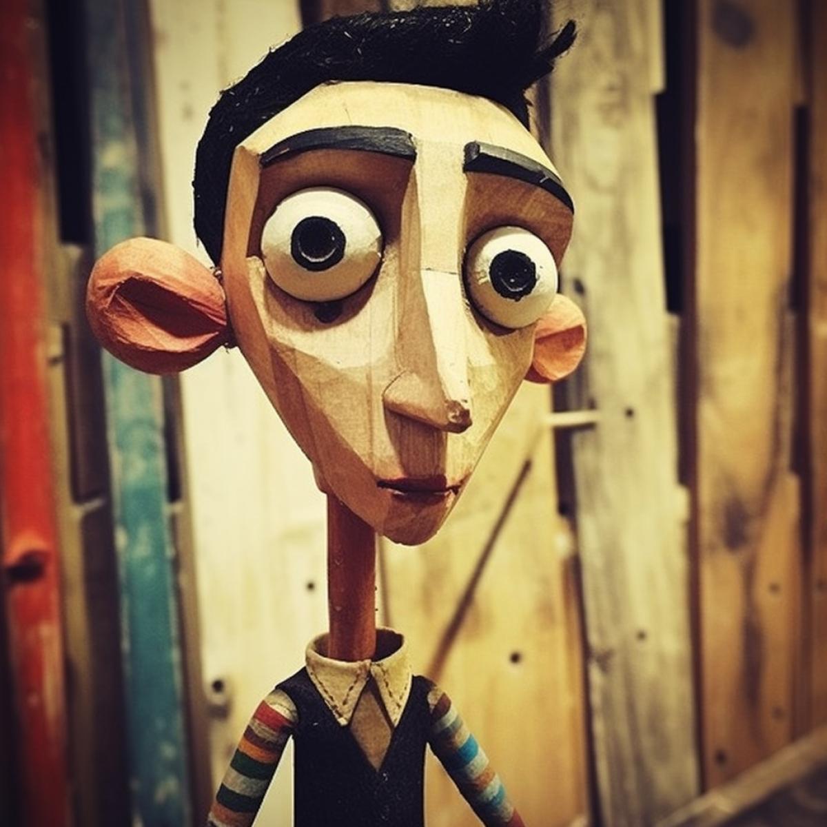 This is Pinocchio. Hes a boy. Hes made of wood. He has a very long nose. He likes adventures. Hes happy.