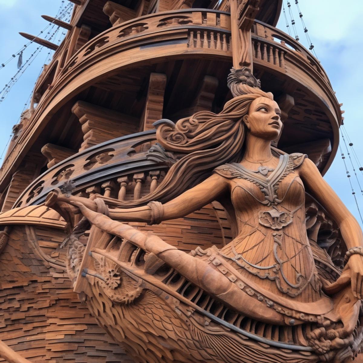 A huge beautiful wooden sailing ship, decorated with carved ornaments, and a beautiful carved wooden figure of a mermaid in the bow of the ship