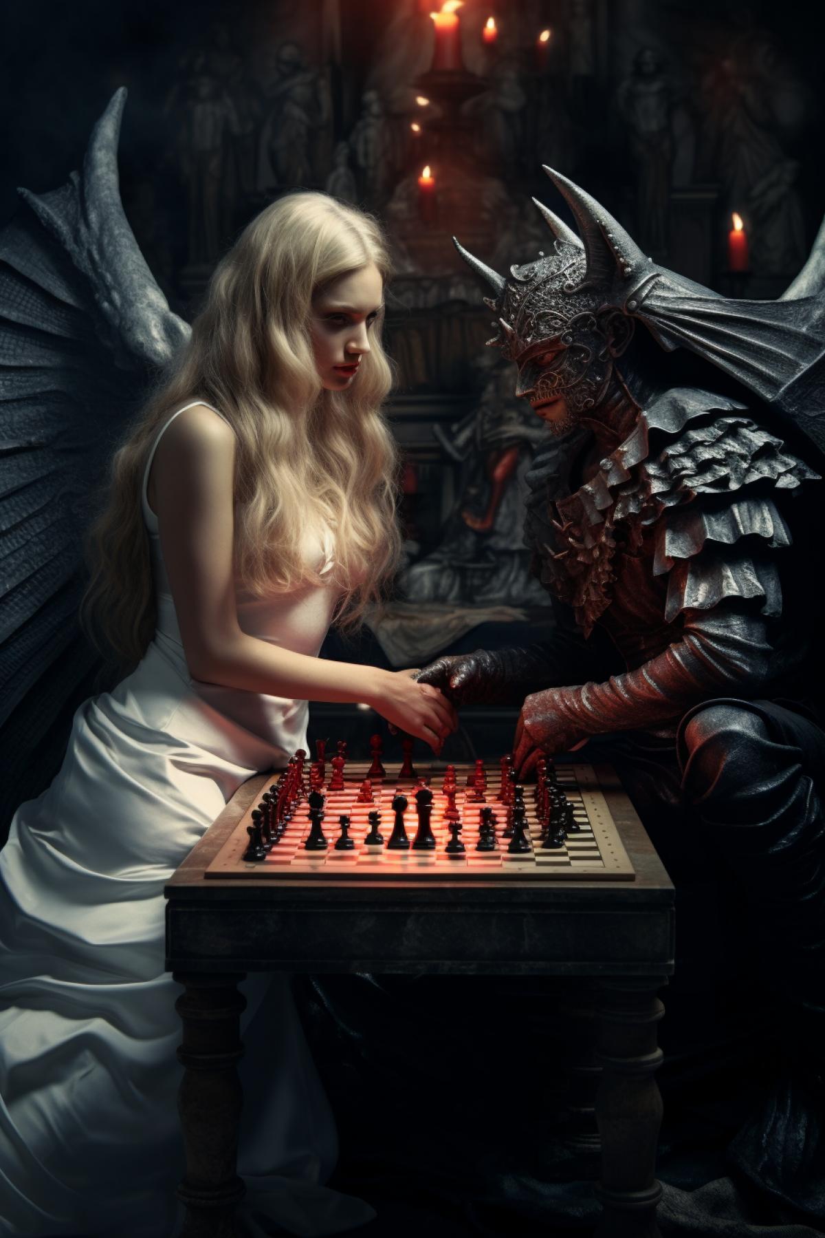 Angel and demon playing chess, high quality, good detail, 4K, surrealism, comic book style portrait