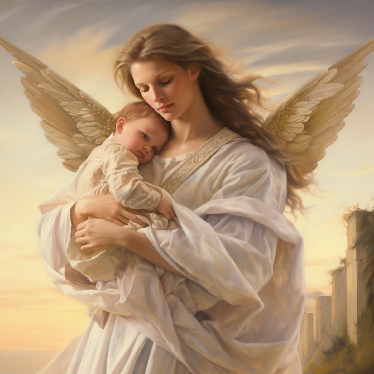 Angel holding a baby in her arms