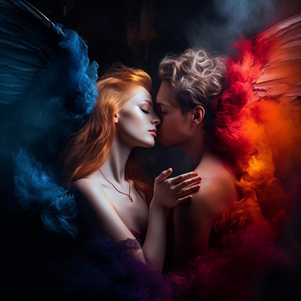 Angel and demon, love, space, bright and rich colors, photography