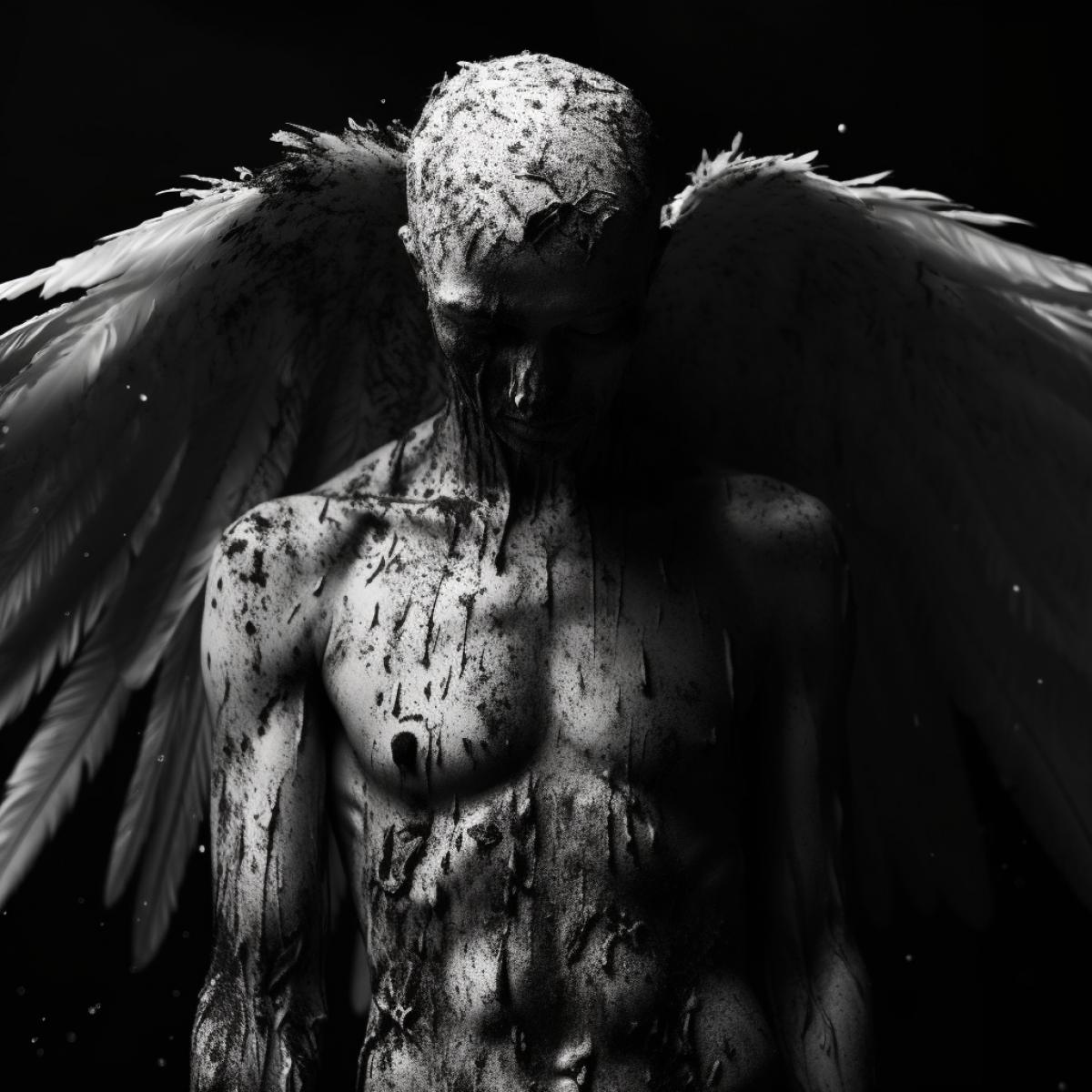 angel shed his wings and became a demon, space, dark and white, rich color, photography
