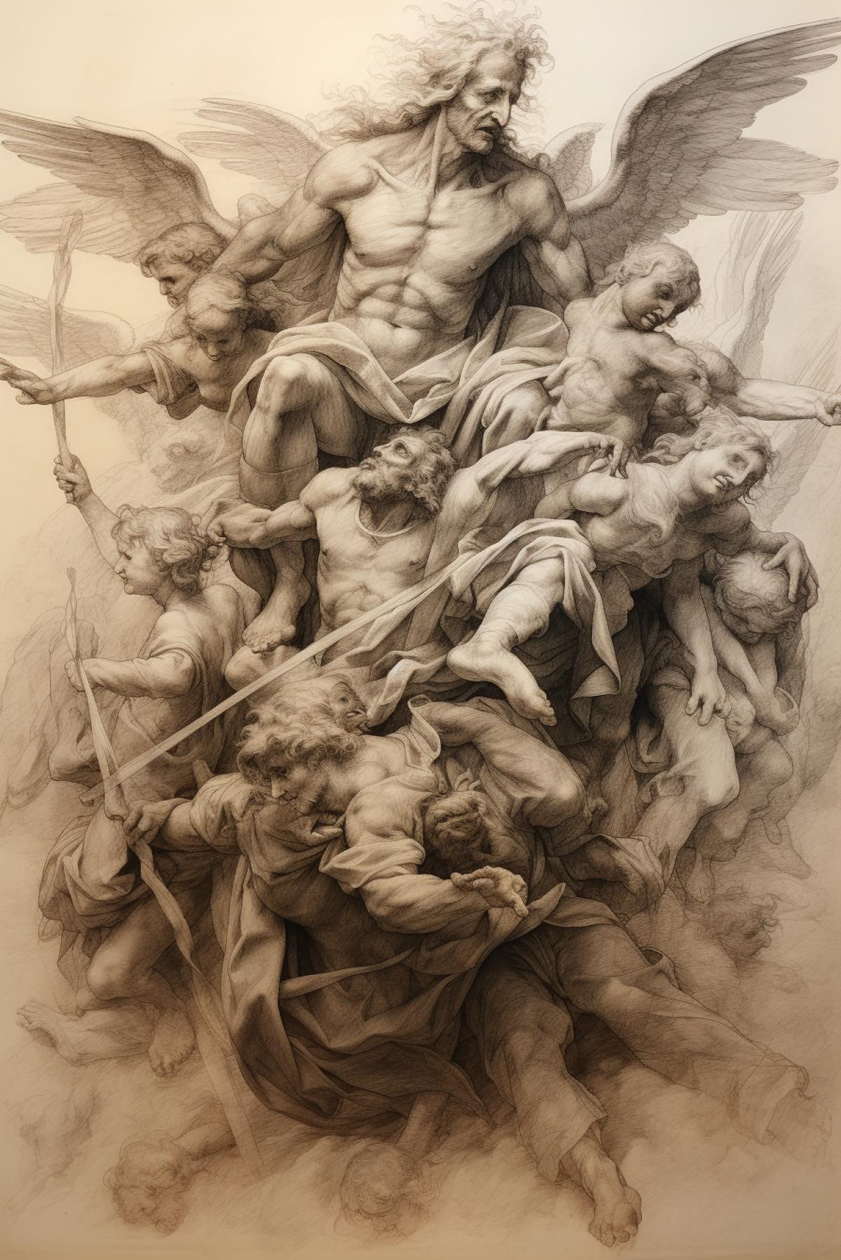 Angels and demons pencil draft drawing after Leonardo da Vinci