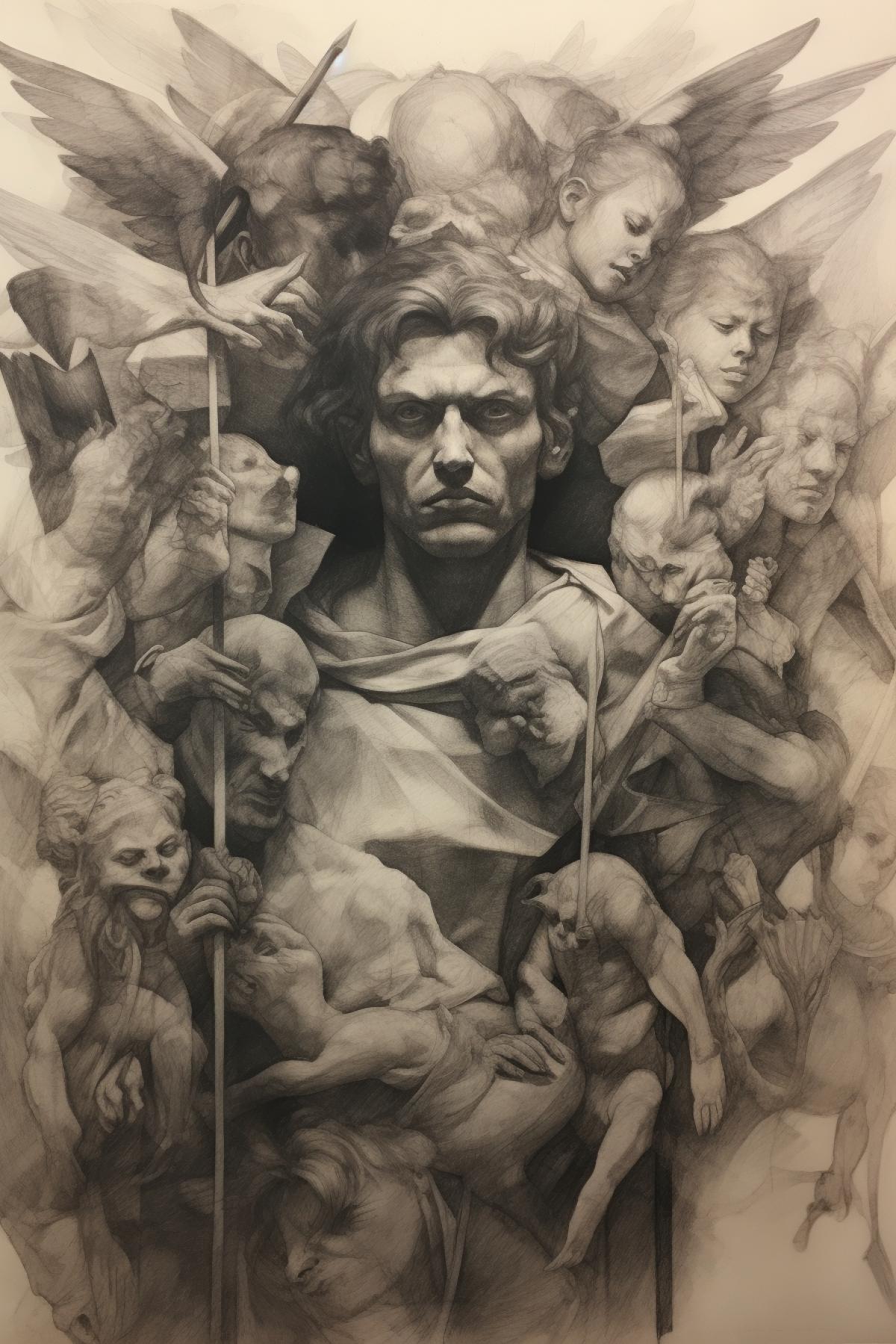 Angels and demons pencil draft drawing after Matthias Grunewald