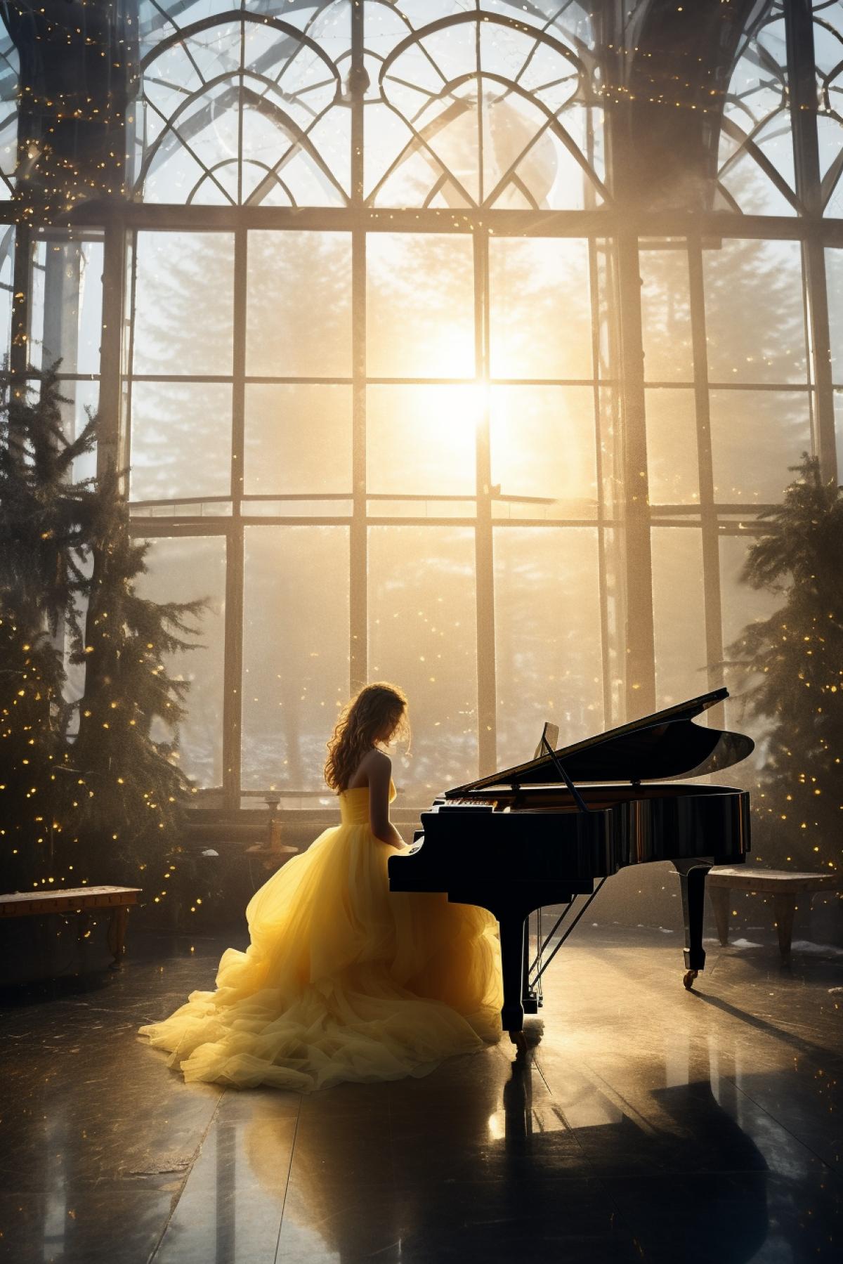 Yellow beautiful transparent misty female gods angel sad feeling sorrow after Christmas party starry skies behind big windows of big hall with grand piano in centre general view