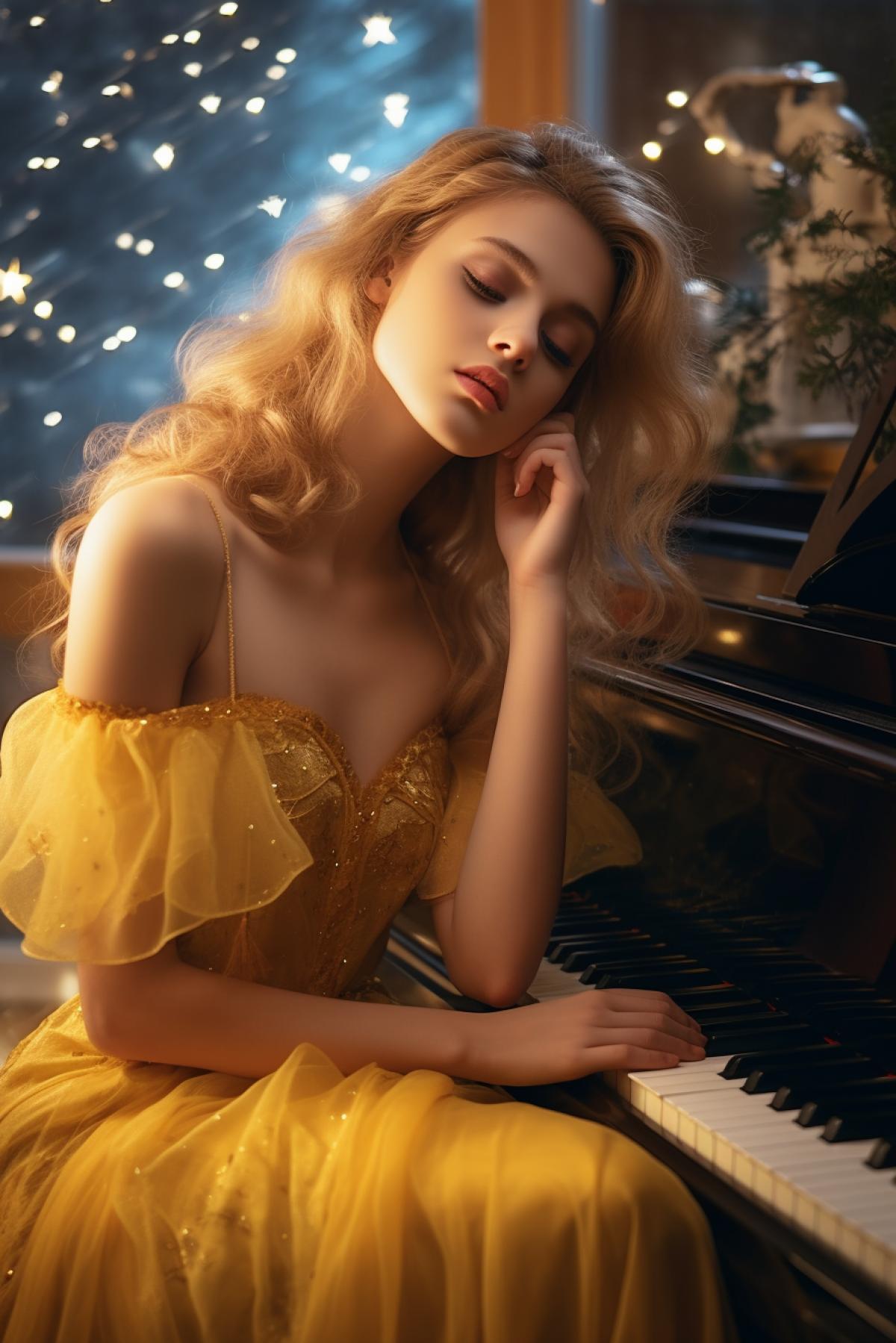 Yellow beautiful female angel feeling sorrow about old tired piano player after Christmas party starry skies behind big windows general view