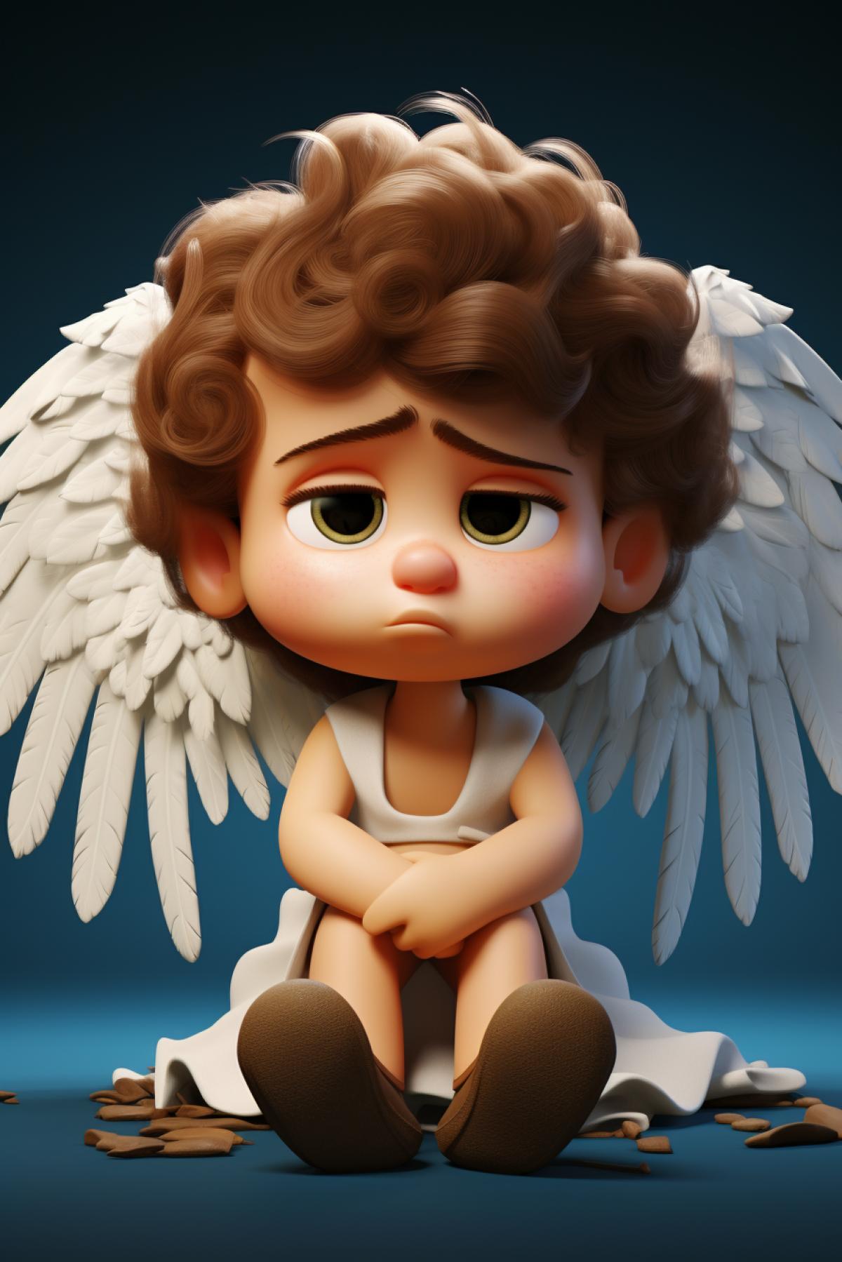 One sad offended little angel Pixar 3d illustration unfortunate sorrowful