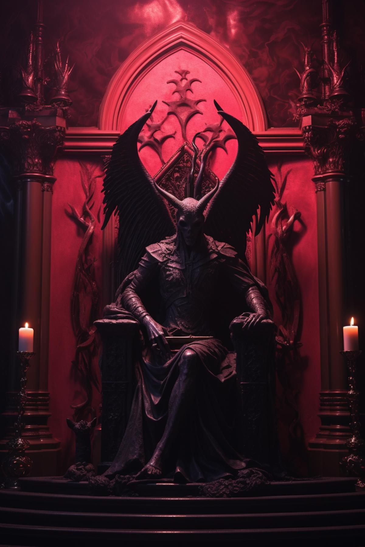 Satanic Temple, church of Lucifer, Baphomet idol, altar, gothic, horror, unholy bible, photorealistic, atmospheric, aesthetic