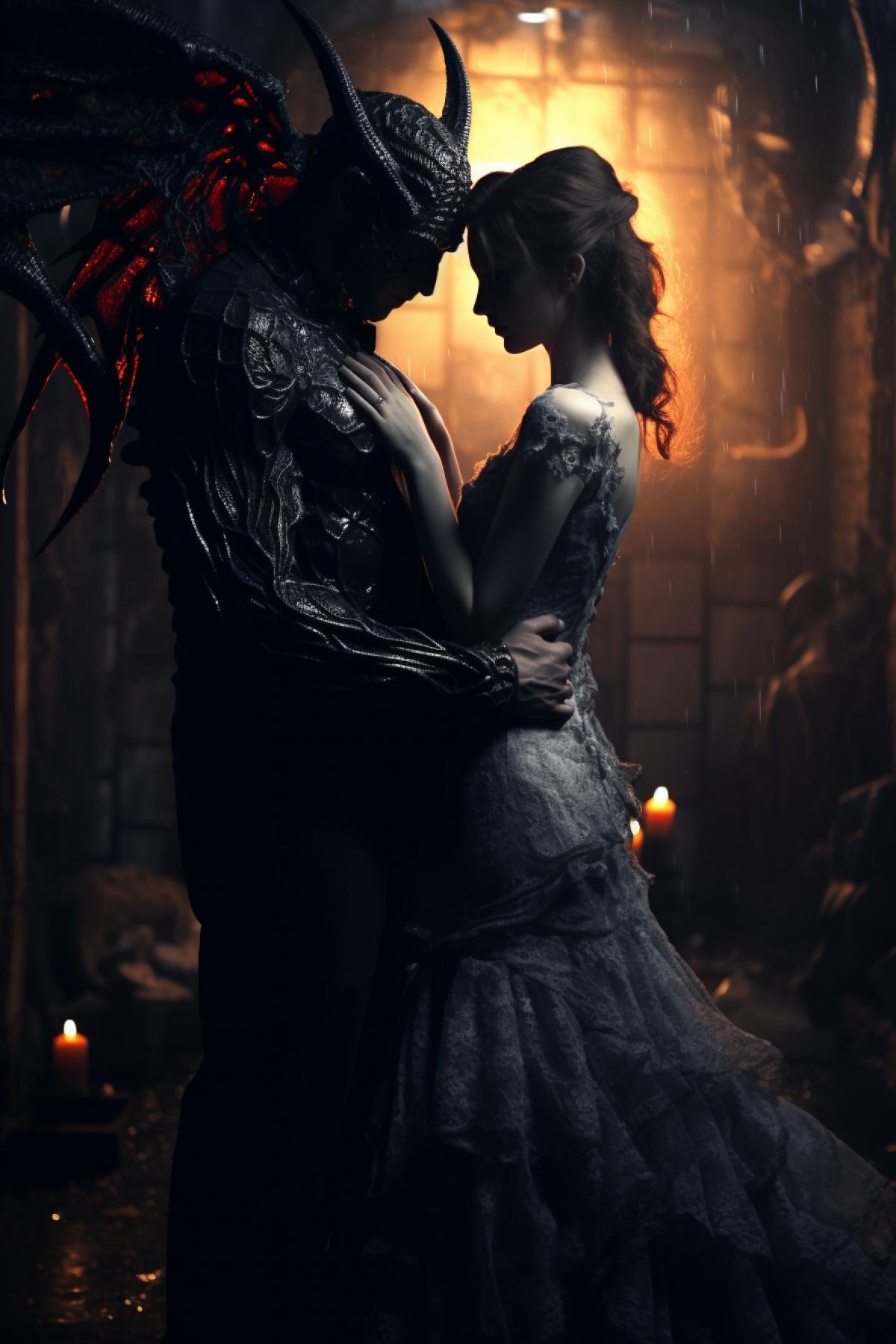 Demon is loving angel, romantic, lovers, aesthetic, gothic, atmospheric, photorealism