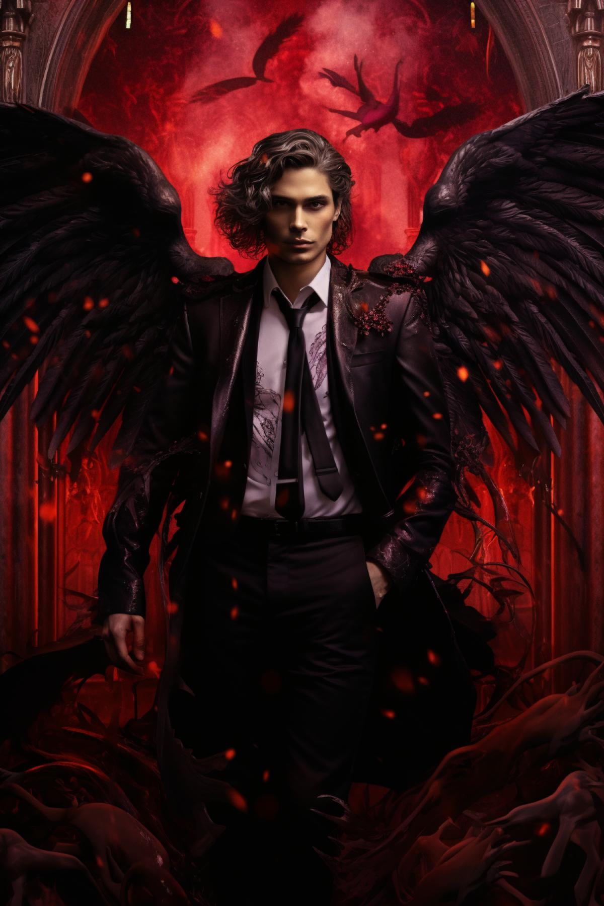 Beautiful man Lucifer with big wings in front of a church, in the style of realistic yet romantic, gothic realistic art, soraya saga, dark silver and dark crimson, youthful protagonists, mysterious backdrops, vibrant worlds, romantic charm, dramatic