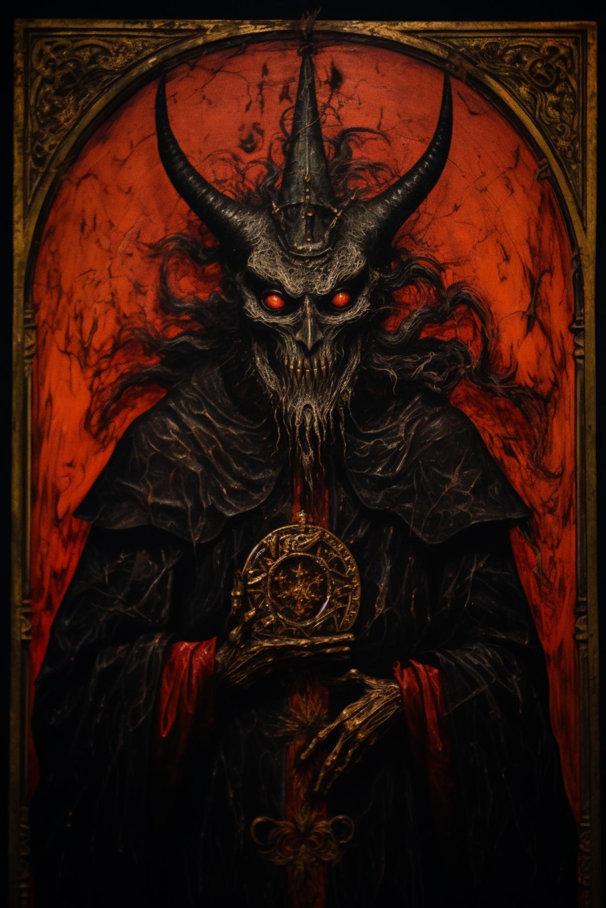 Lucifer, Satanic, devil, evil, gothic, dark colours, ultra high details, Byzantine Icon painting style