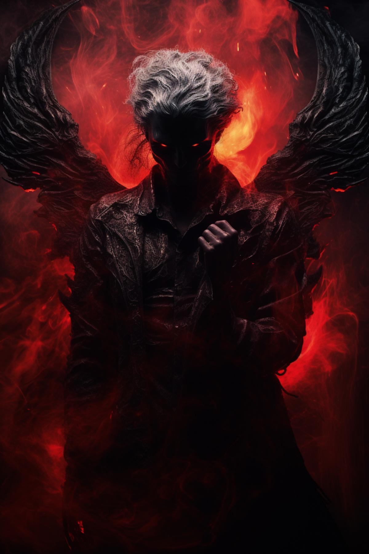 A man in dark with a red eye, demon horn, holding a dagger, angel wings in his back, background Red smoke