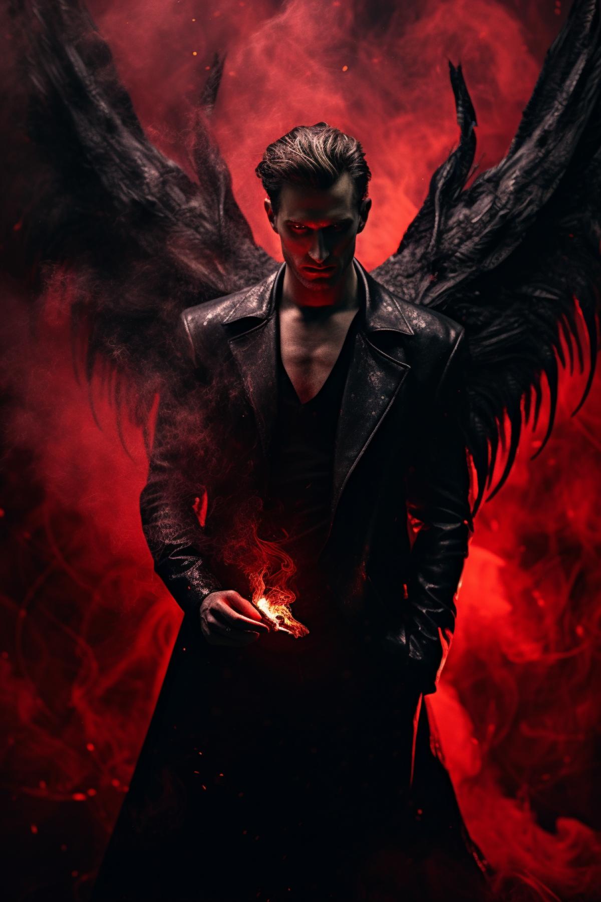 A man in dark with a red eye, demon horn, holding a dagger, angel wings in his back, background Red smoke