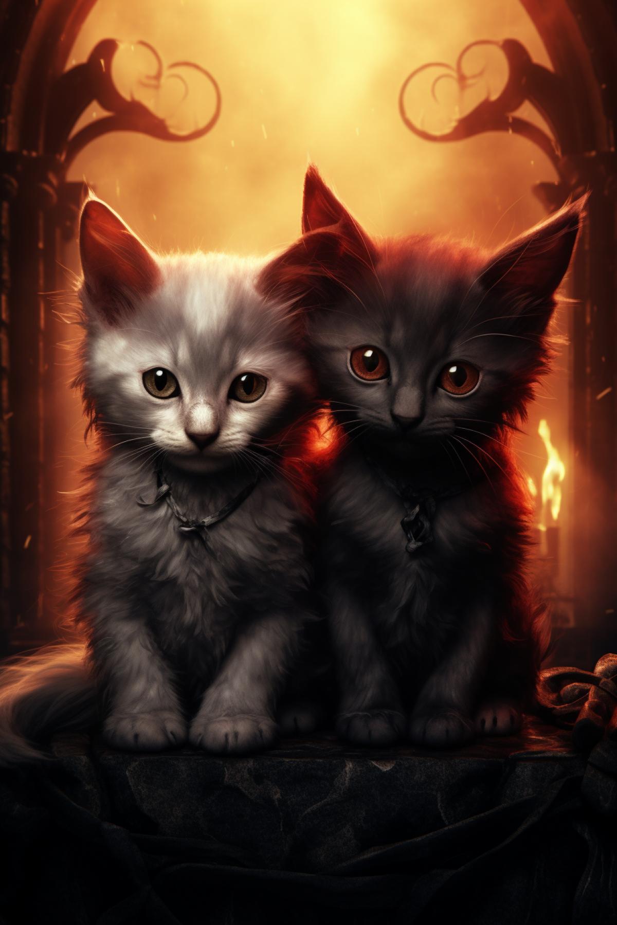Two kittens, Kitten angel and kitten demon together in one shot, cut, photorealistic