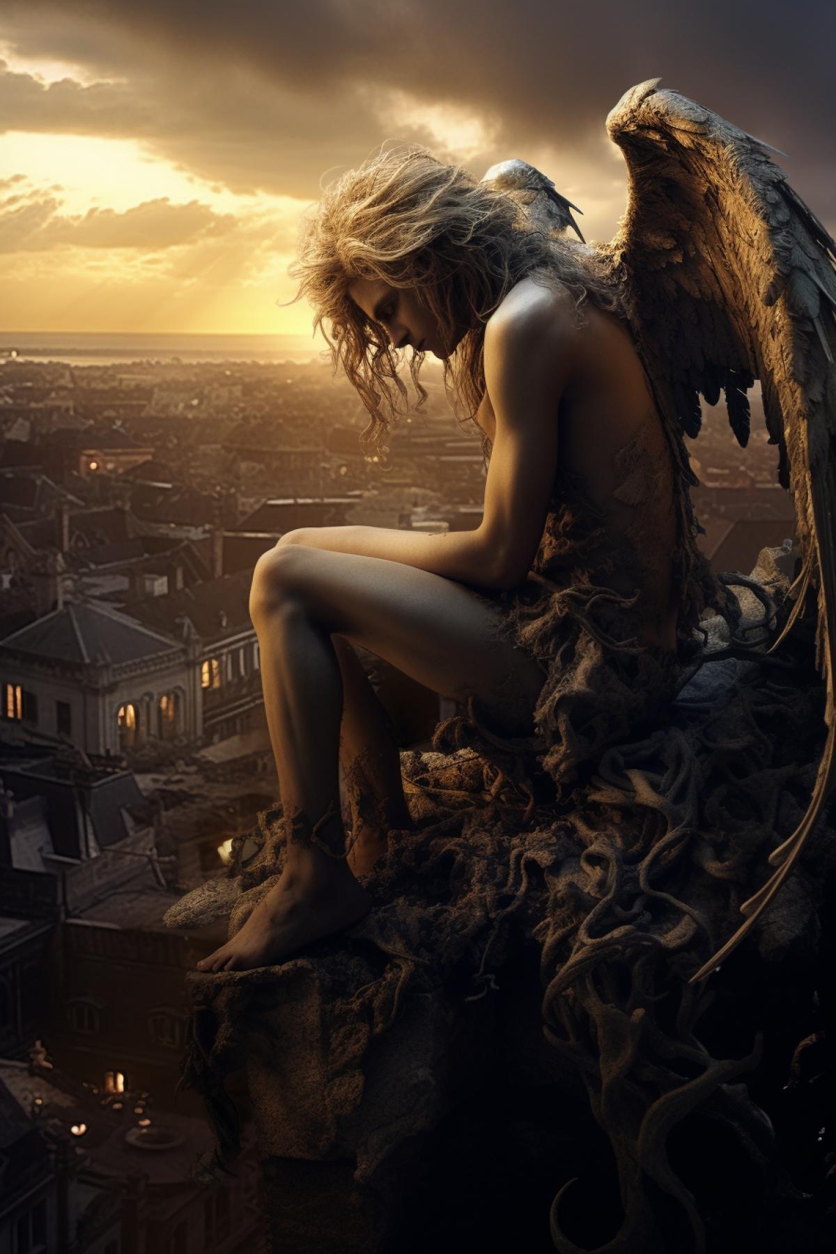 A fallen angel who has become a demon is watching the city from the roof of one of the houses. His hair is dark and instead of wings he has a stump photorealistic