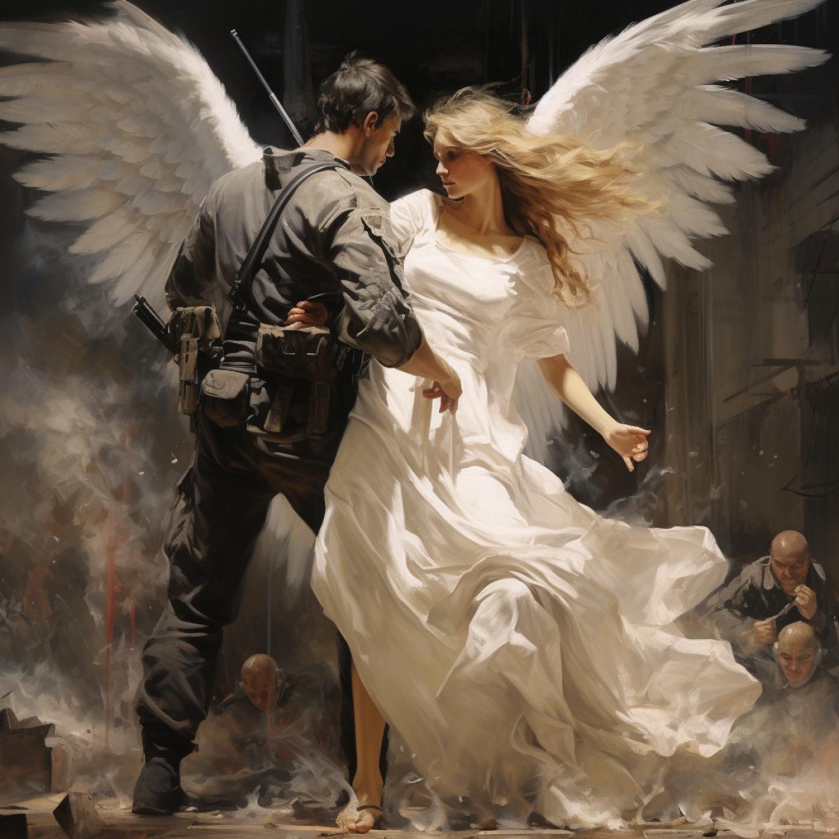 Christian angel tries to stop the war, no women