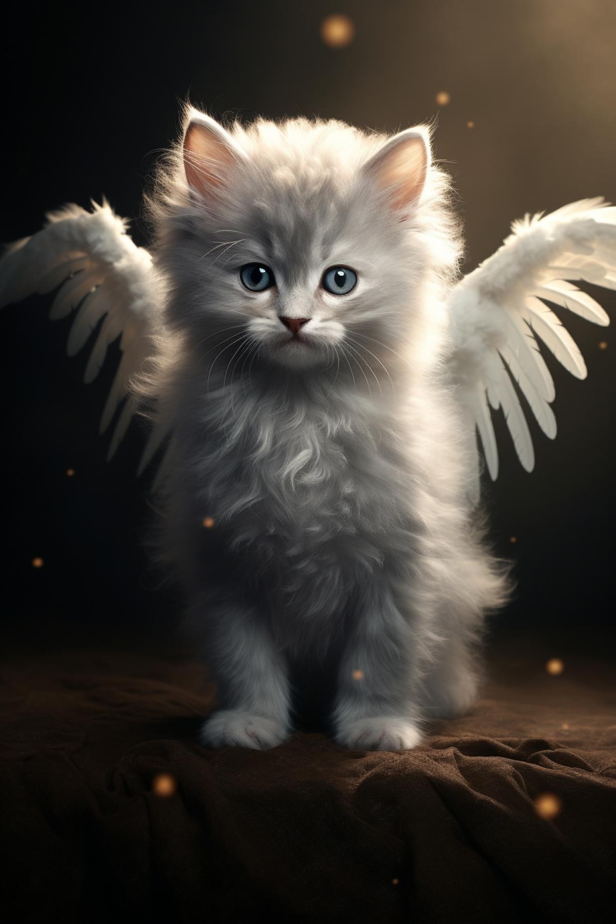 Kitten angel with white wings :: kitten demon with dark wings, together in one shot, cut, photorealistic