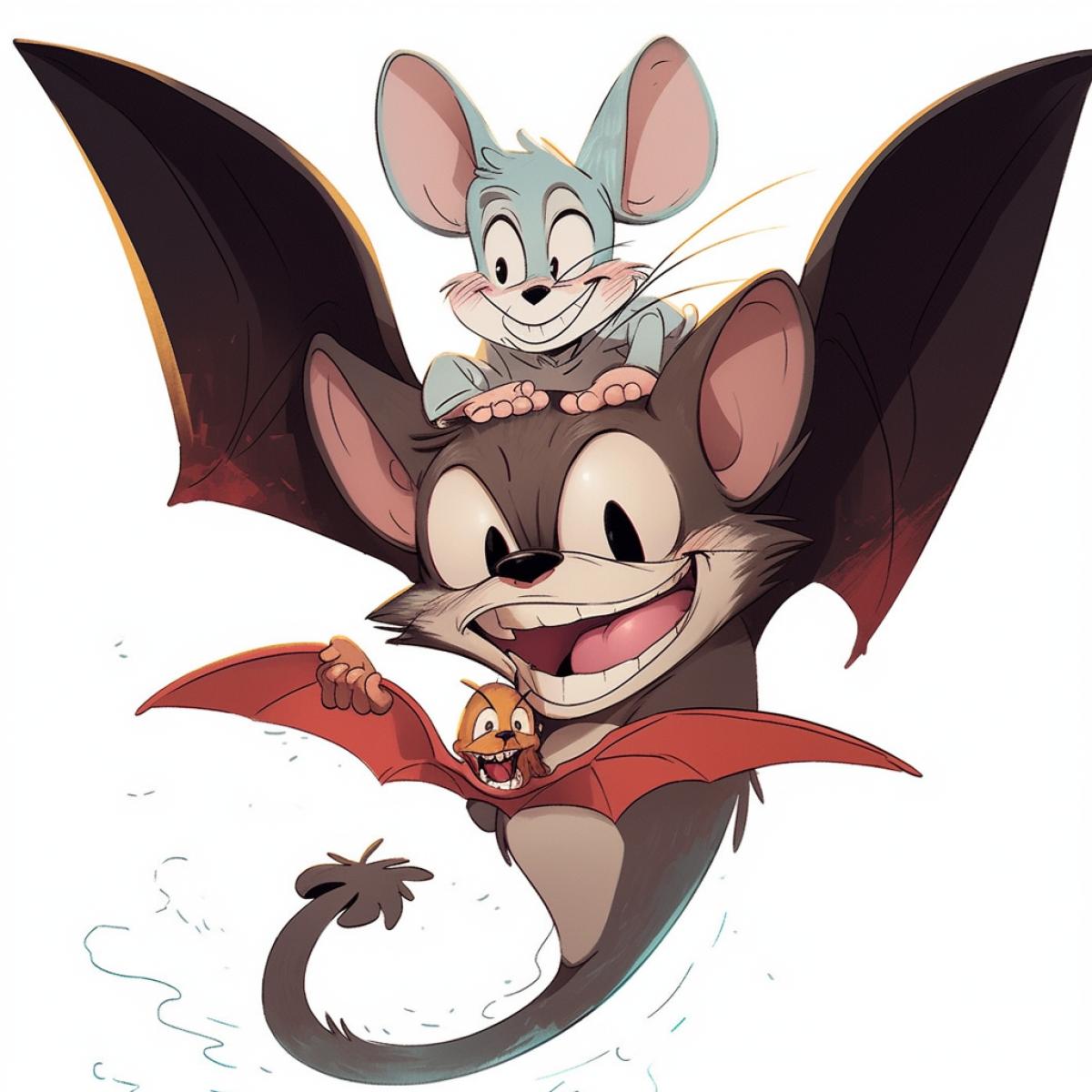 Disney cartoon world, Tom and Jerry, a demon Tom with dark wings, an angel Jerry with white wings, Tom chases Jerry, Disney cartoon and