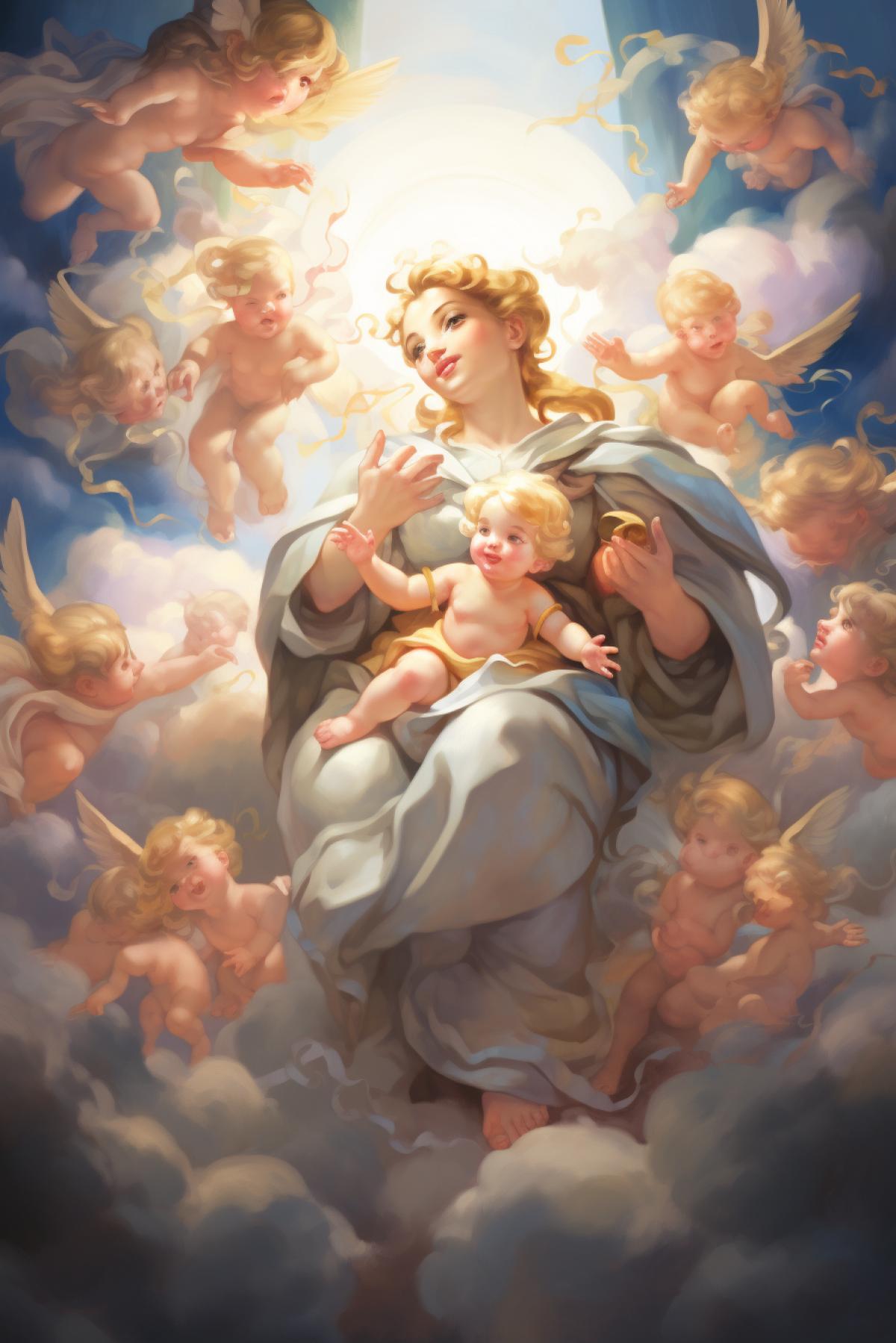 Sistine Madonna with child angels around in Pixar Disney style