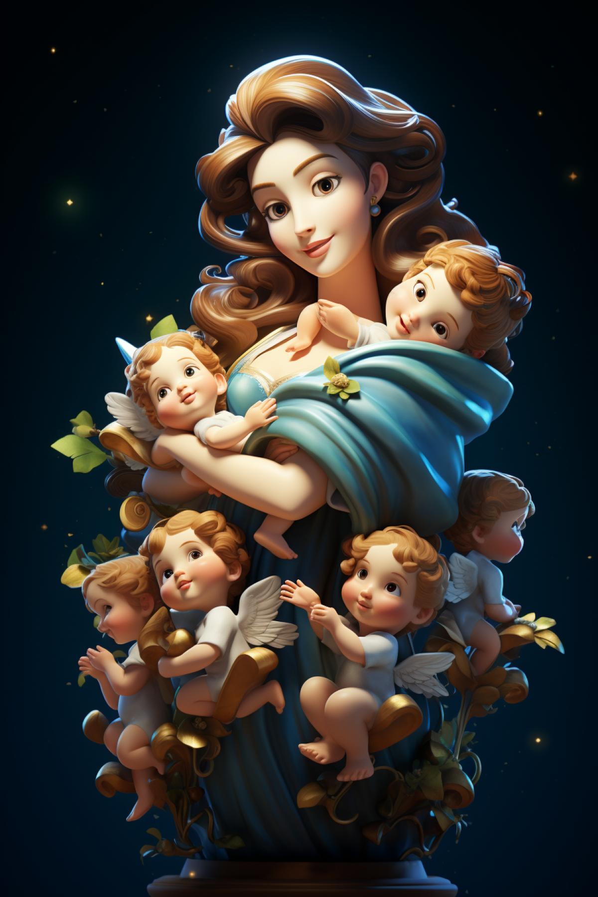 Sistine Madonna carrying the child angels around in Pixar Disney 3d animation style