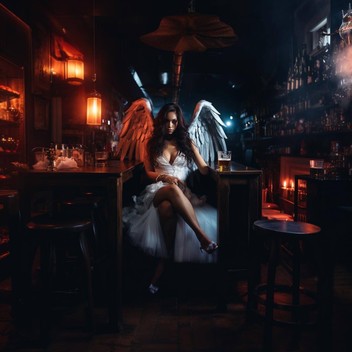 beautiful girl with angel wings drinks beer and smokes cigarettes in a cheap bar, Dramatic scene, fallen angel, noir