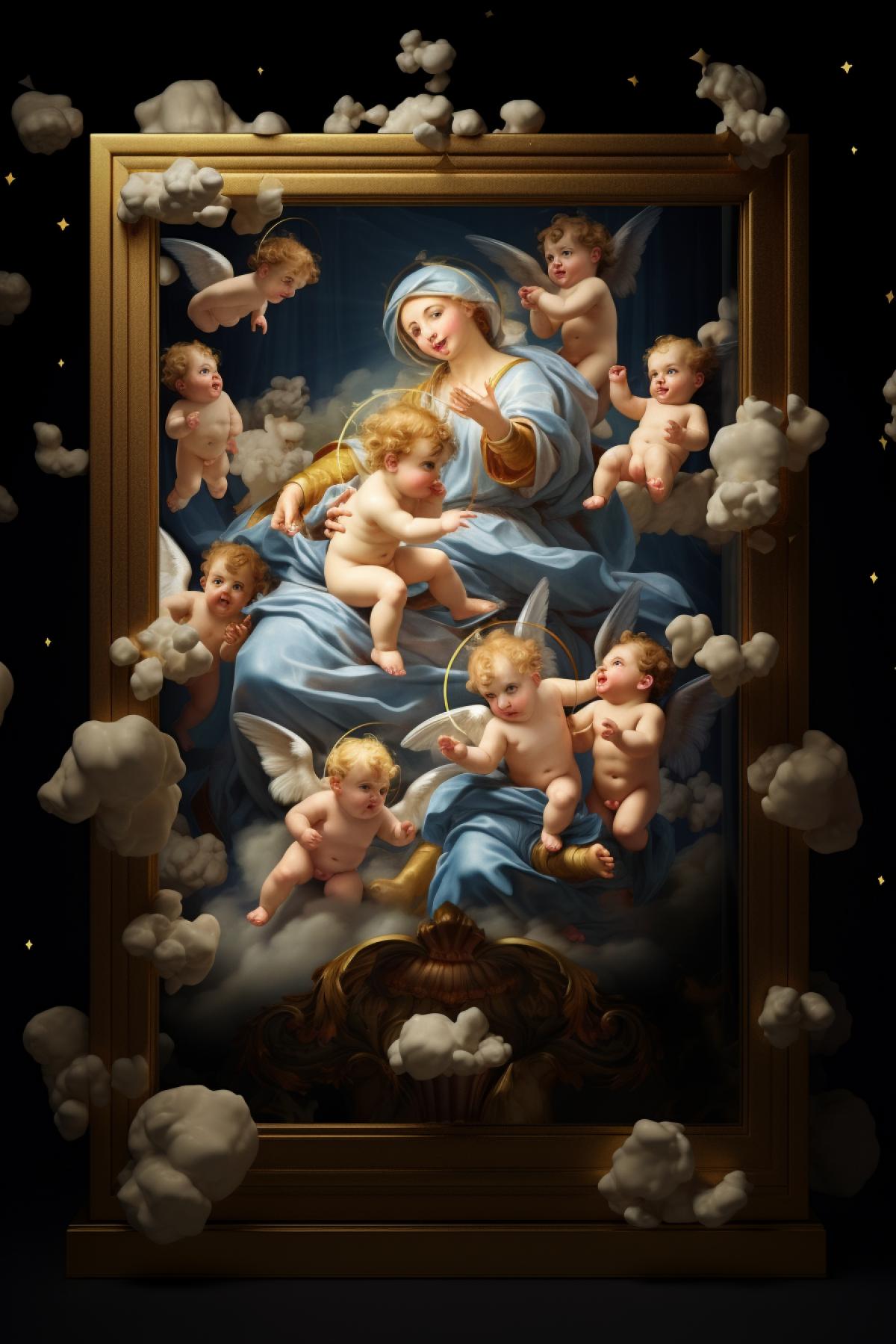 Sistine Madonna with child angels around in Pixar Disney 3d animation style box opening
