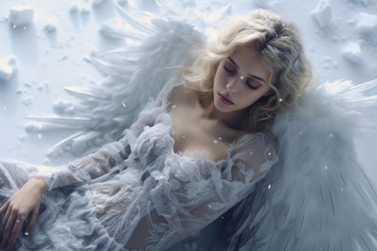 outstanding miraculous beauty shot of a frozen angel in the snow, indifference, dyna4k