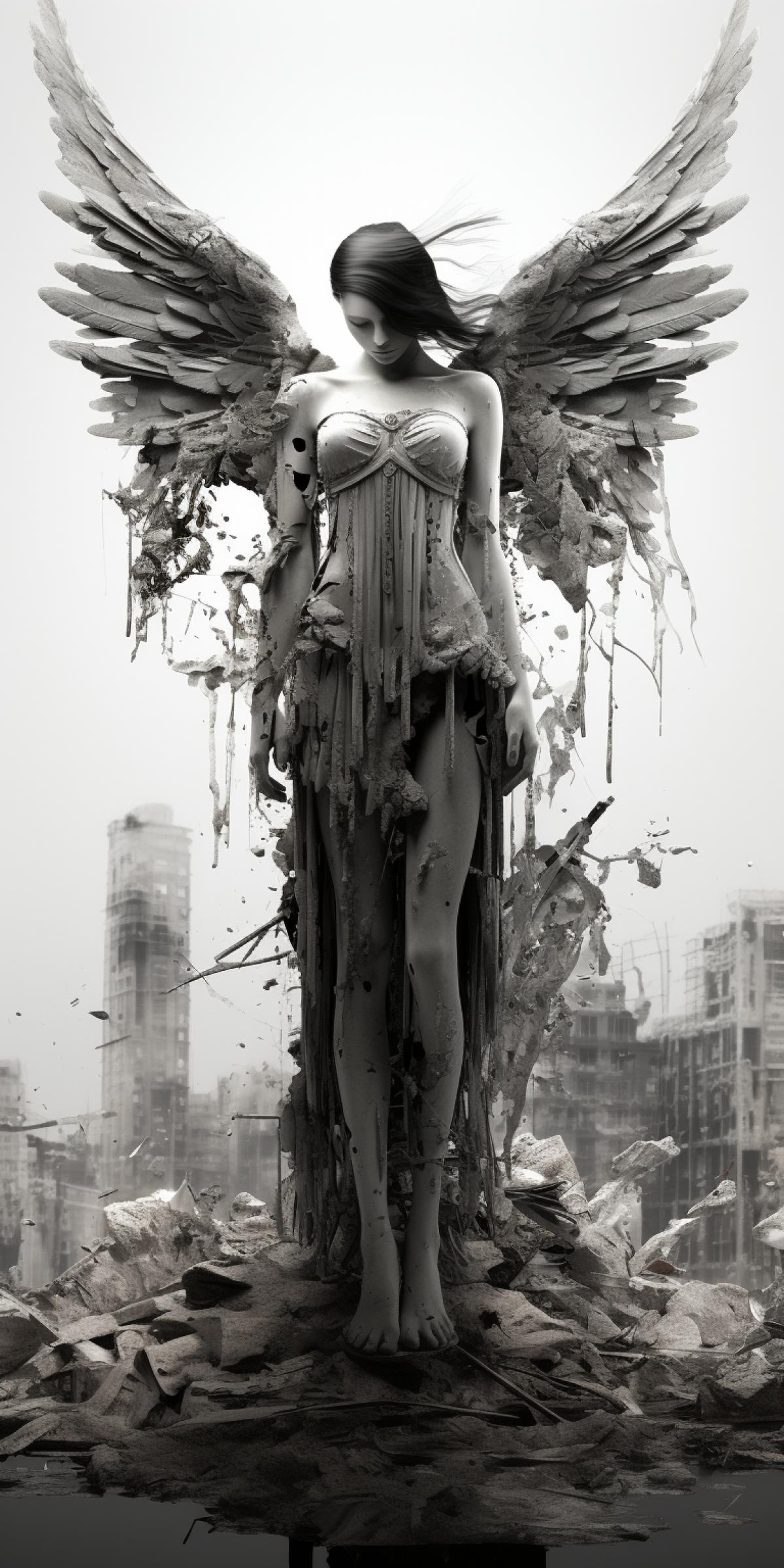 Full standing crying angel double exposure with hyper realistic destroyed city, very detailed, intricate details, ultra sharp, hyper realistic, micro details, highly detailed, greyscale colour with shadows, high visual sharpness, beautiful com4k, volumetric lighting, intricate, Orthographic, One Point Perspective, 8K, 3D, white background