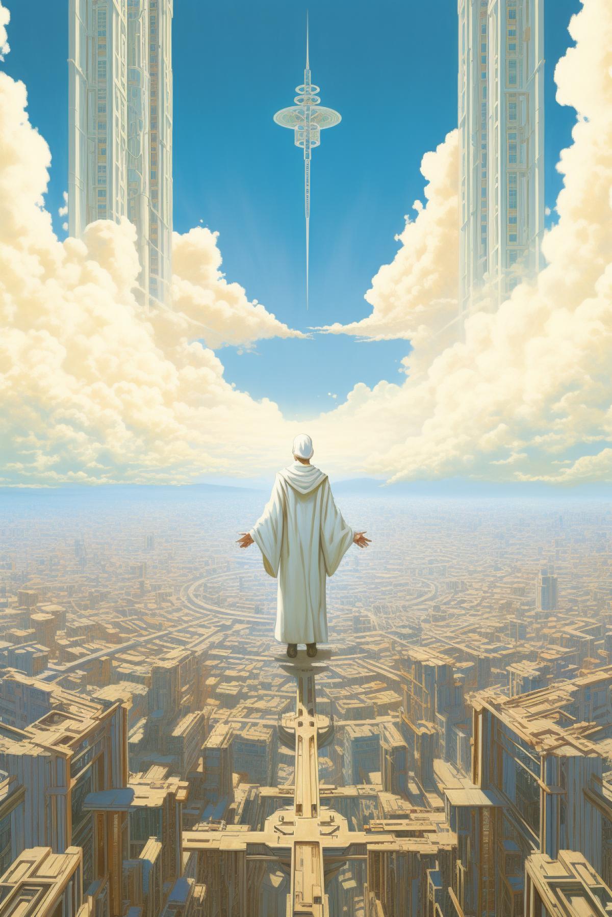 Sci-Fi scene, a beautiful male angel flies in the sky above an empty futuristic city, Moebius art