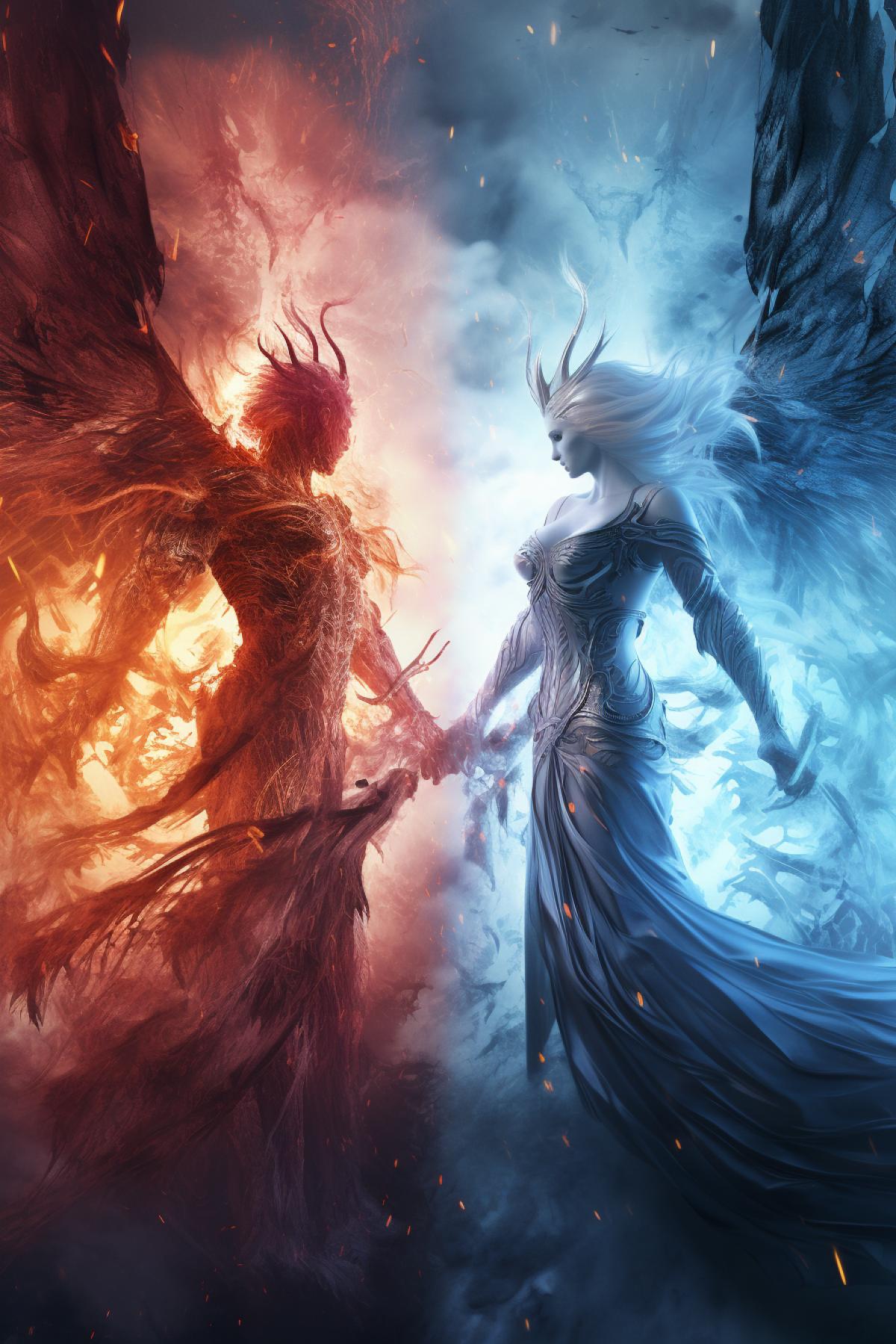Ice Angel and Fire Demon, epic, photorealistic, dramatic