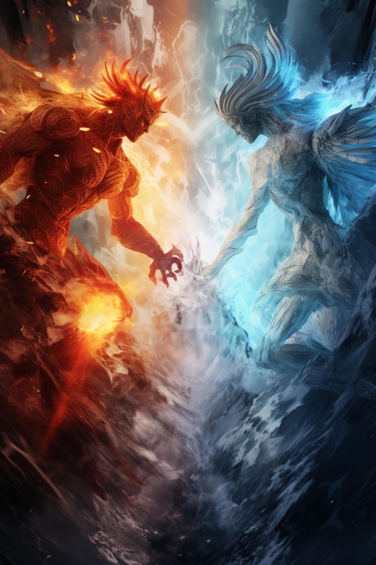 Battle for Ice Angel and Fire Demon, epic, photorealistic, dramatic