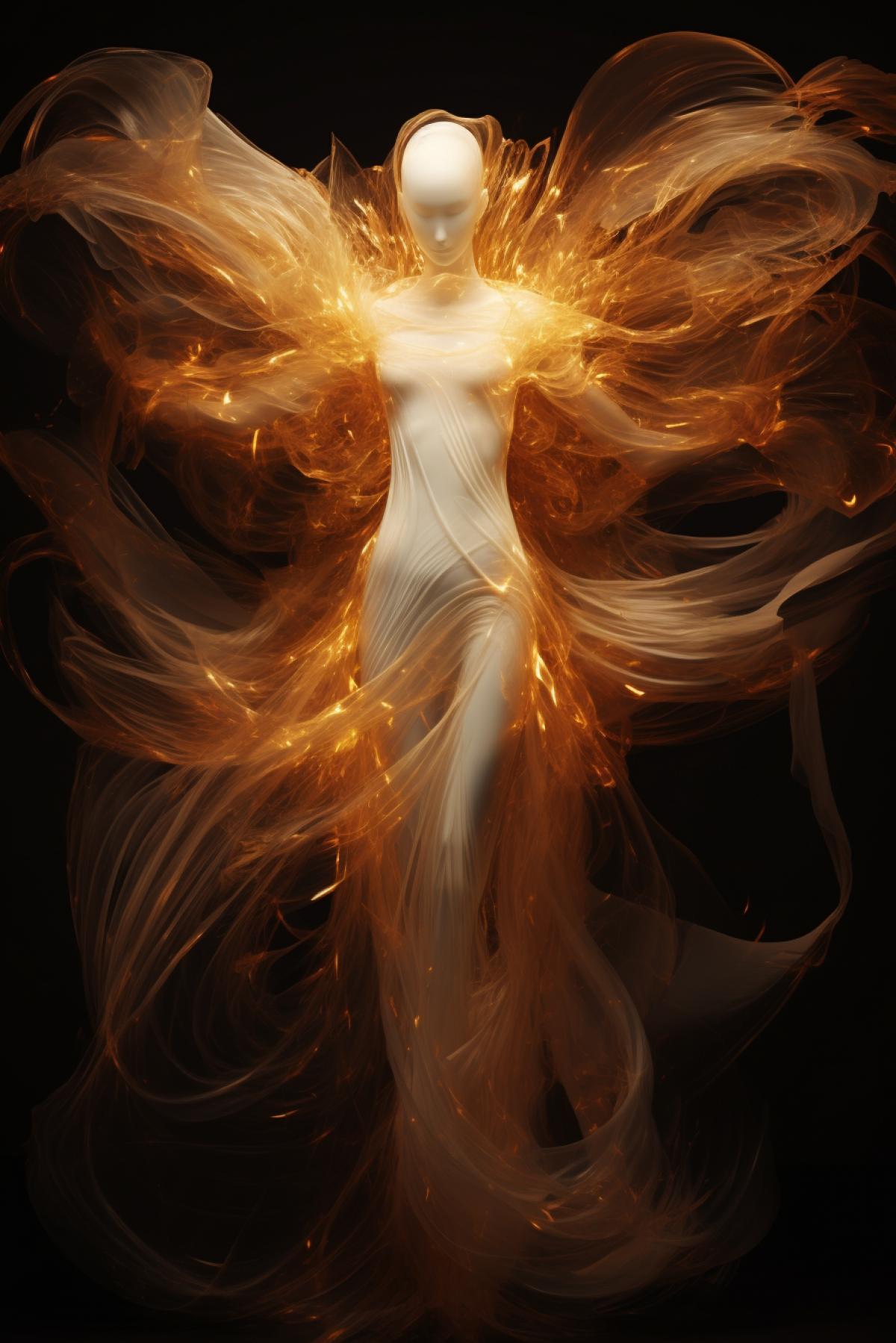 a white night vision camera, in the style of wavy lines and organic shapes, movement and spontaneity captured, angel with wings photograph, dark amber and white, made of wire, figures in motion, angelic wings