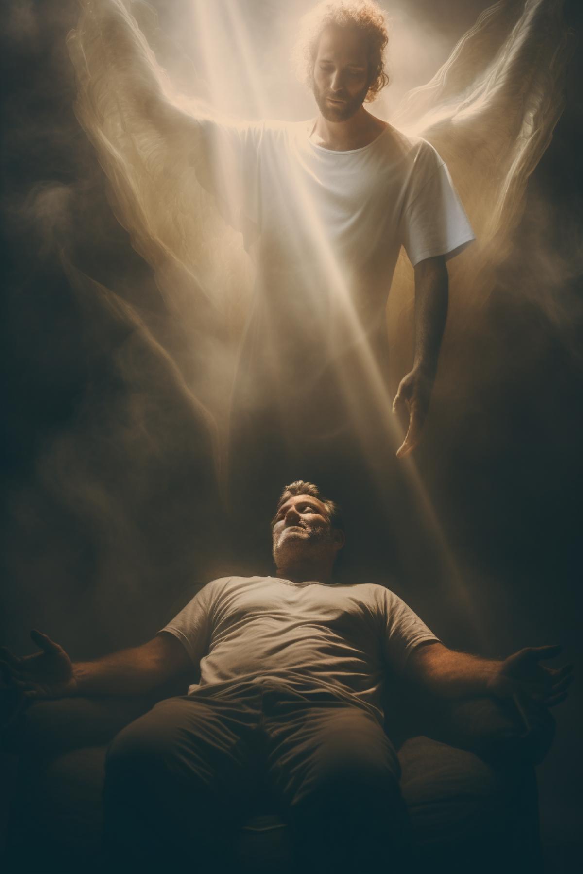 superim4kd splitfocus of a dying man and an angel guiding him to the afterlife, cinematic colorgrading, cinematic atmosphere, soft light