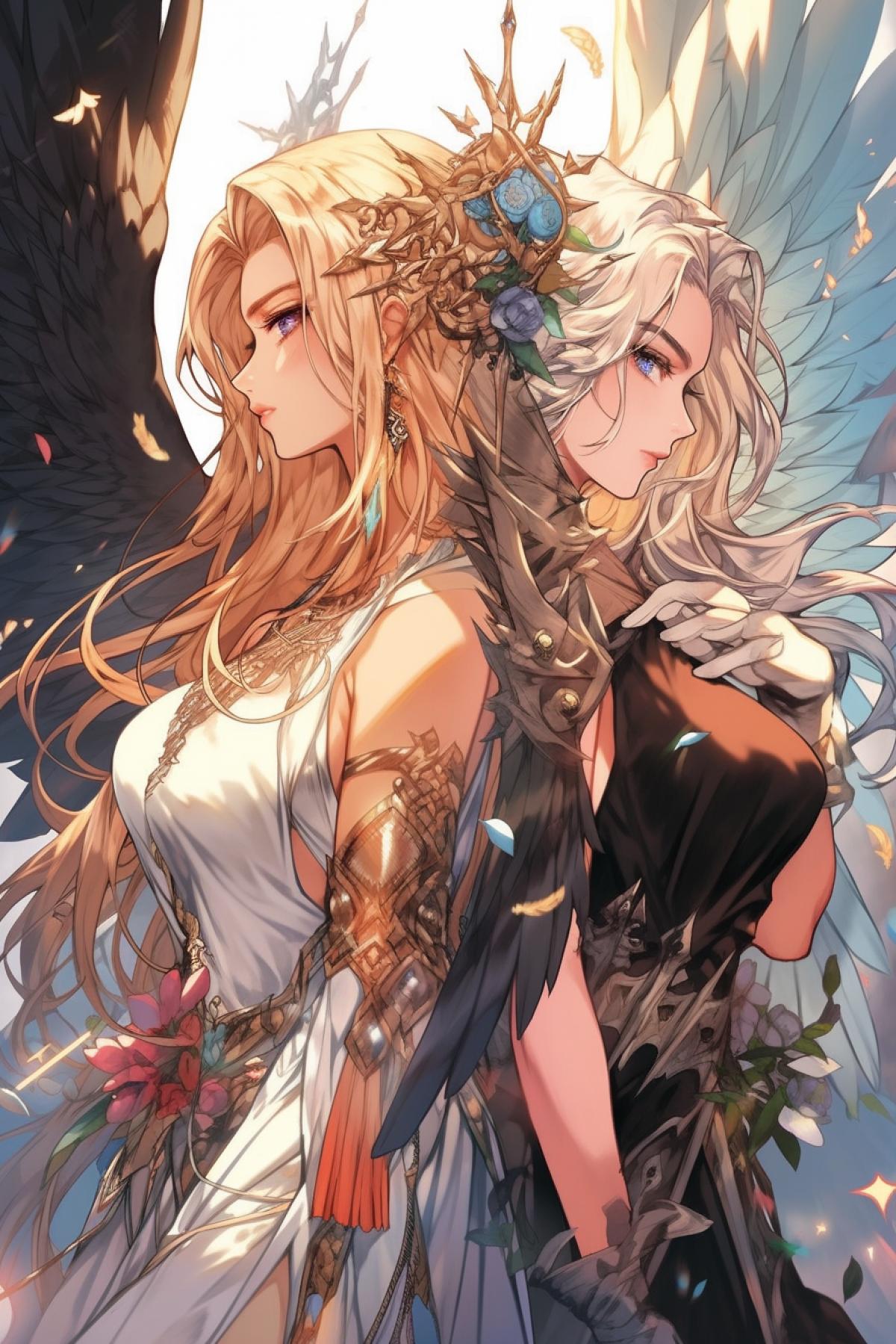 a very beautiful female game, brunette with webbed wings, and a very handsome blond angelic youth with white wings