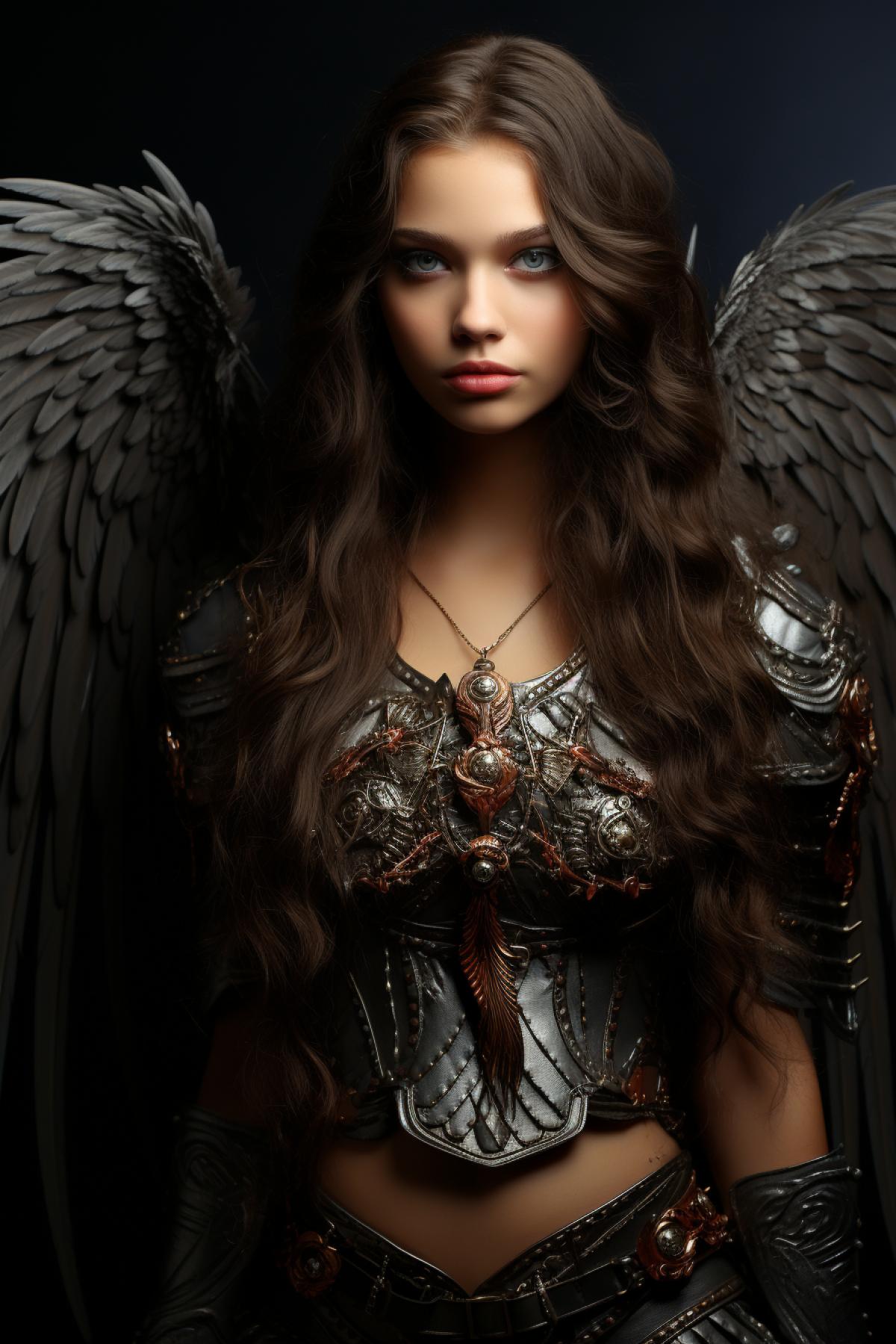 very beautiful female game, in a suit, brunette with webbed wings, with a whip, red lips, love makeup