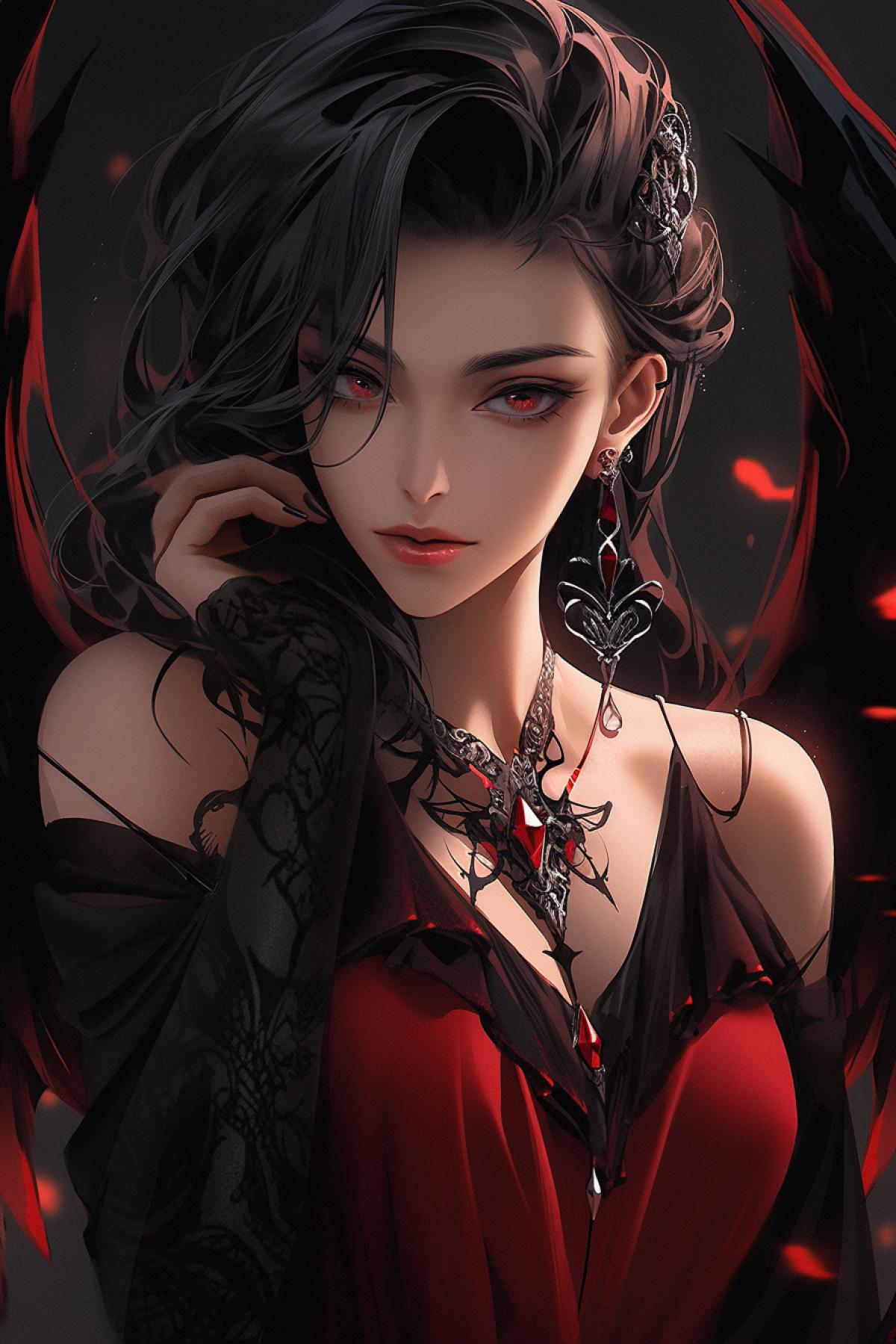 very beautiful young game woman, luxury, in red love luxury, with webbed wings, with a whip, red lips, defiant makeup, inviting look