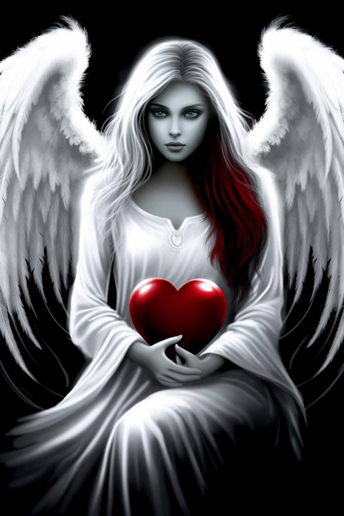 a very beautiful young game woman, luxury, in red love luxury, with webbed wings, love a blond, stately young angel man with white wings