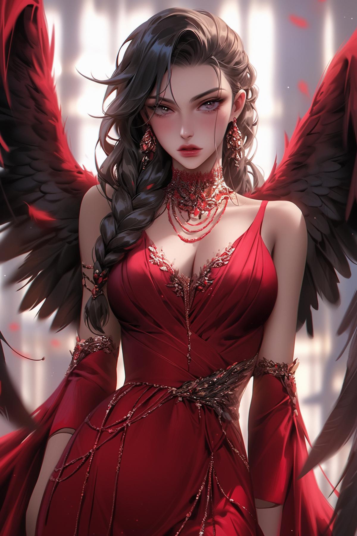 very beautiful young game woman, luxury, in red love luxury, with webbed wings, with a whip, red lips, defiant makeup, inviting look