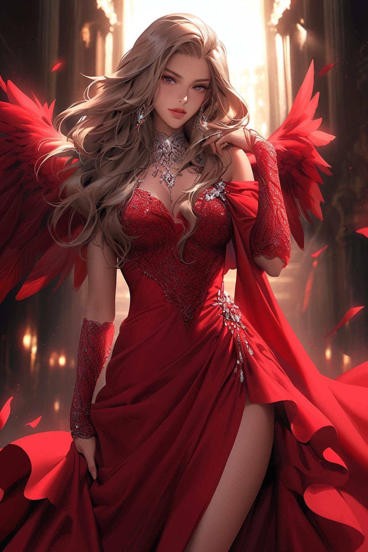 very beautiful young game woman, luxury, in red love luxury, with webbed wings, with a whip, red lips, defiant makeup, inviting look