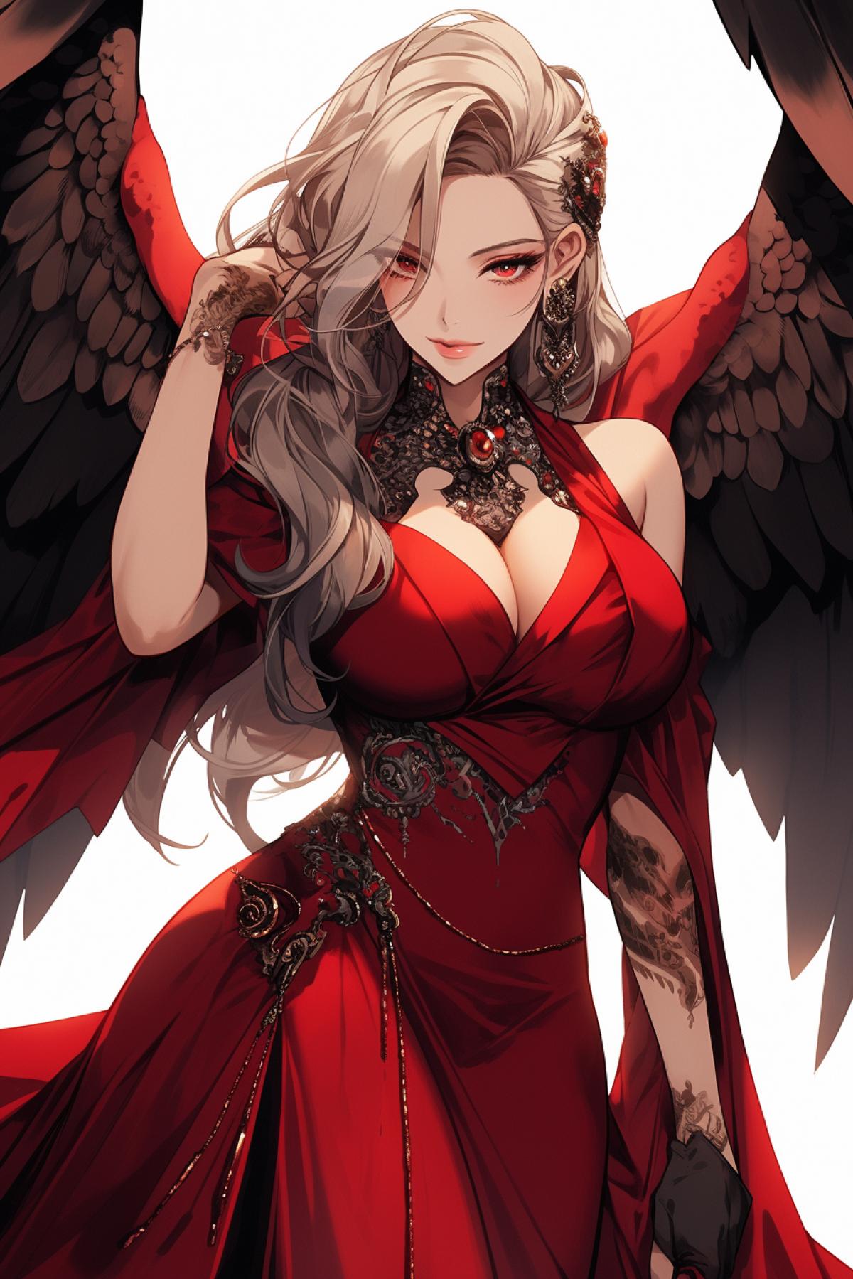very beautiful young game woman, luxury, in red love luxury, with webbed wings, with a whip, red lips, defiant makeup, inviting look