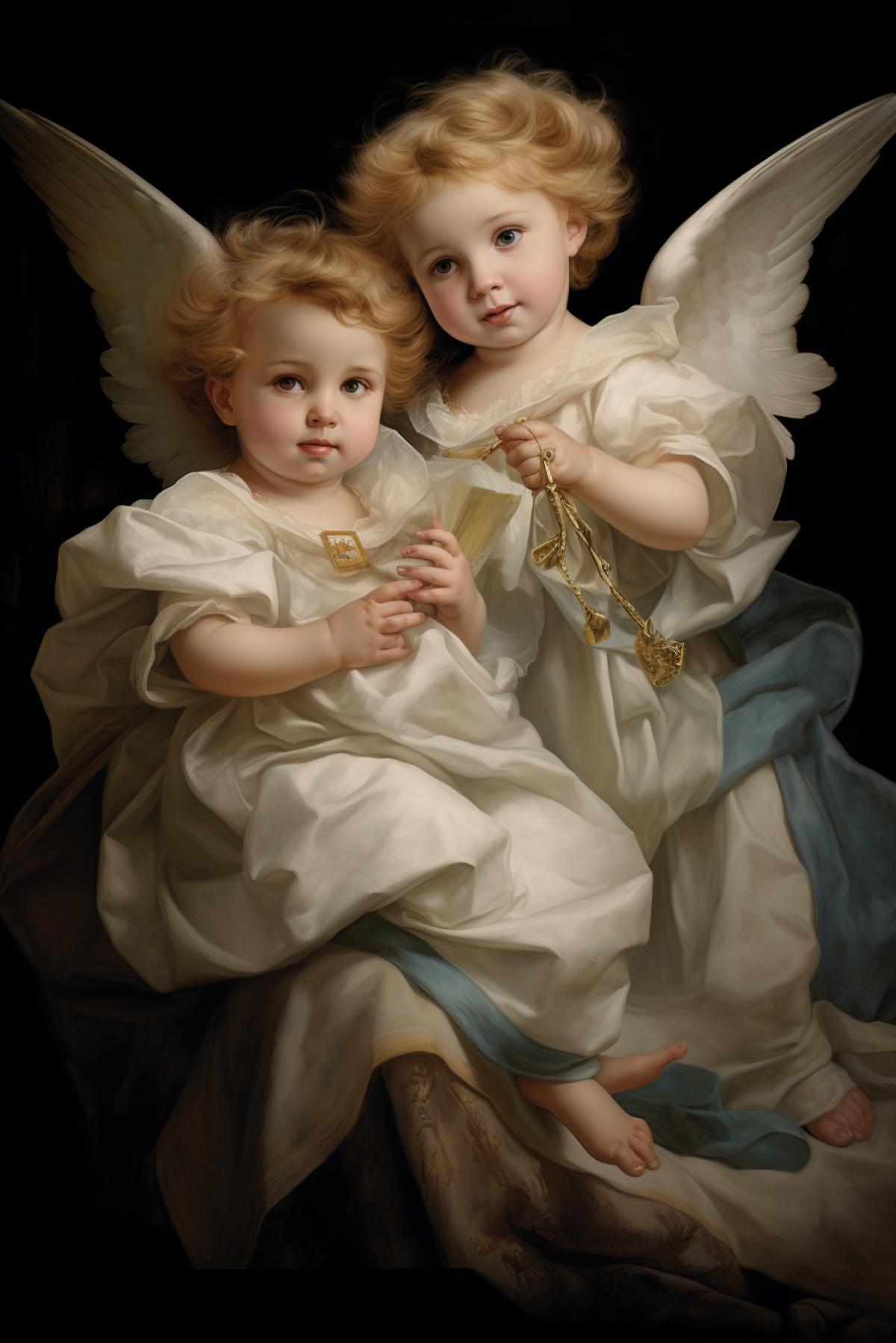 The two little angels from Raphaels Sistine Madonna in style of Pixar Disney illustration