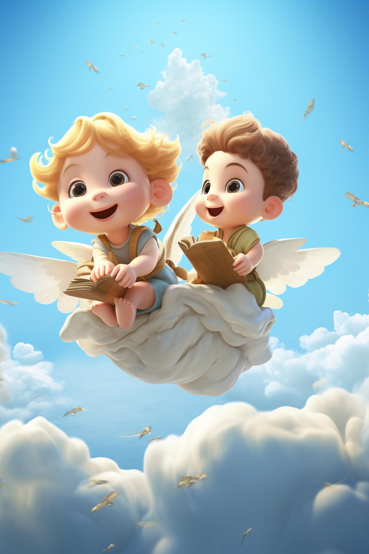 The two little angels from Raphaels Sistine Madonna in style of Pixar Disney illustration