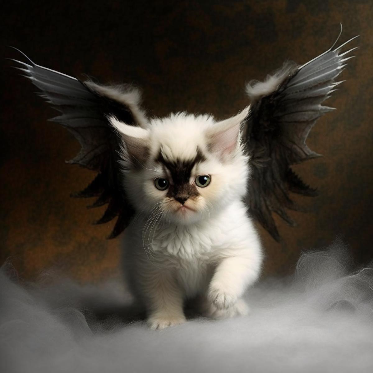Cute white kitten has wings. An angry dark kitten has horns. Kittens are playing. Christmas photo card style.