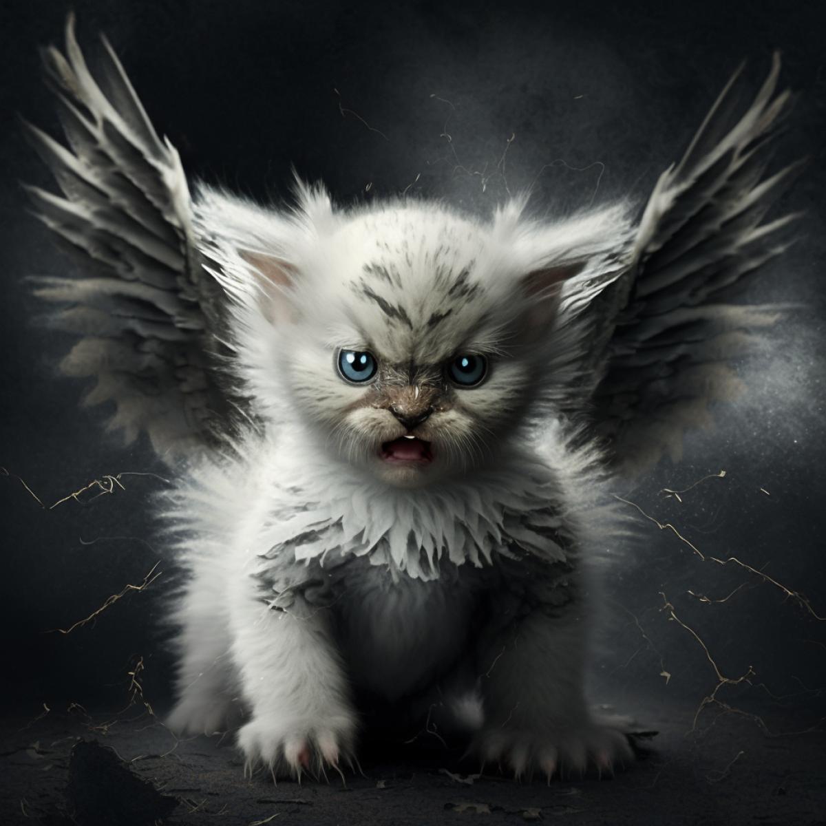Cute white kitten has wings. An angry dark kitten has horns. Kittens are playing. Christmas photo card style.
