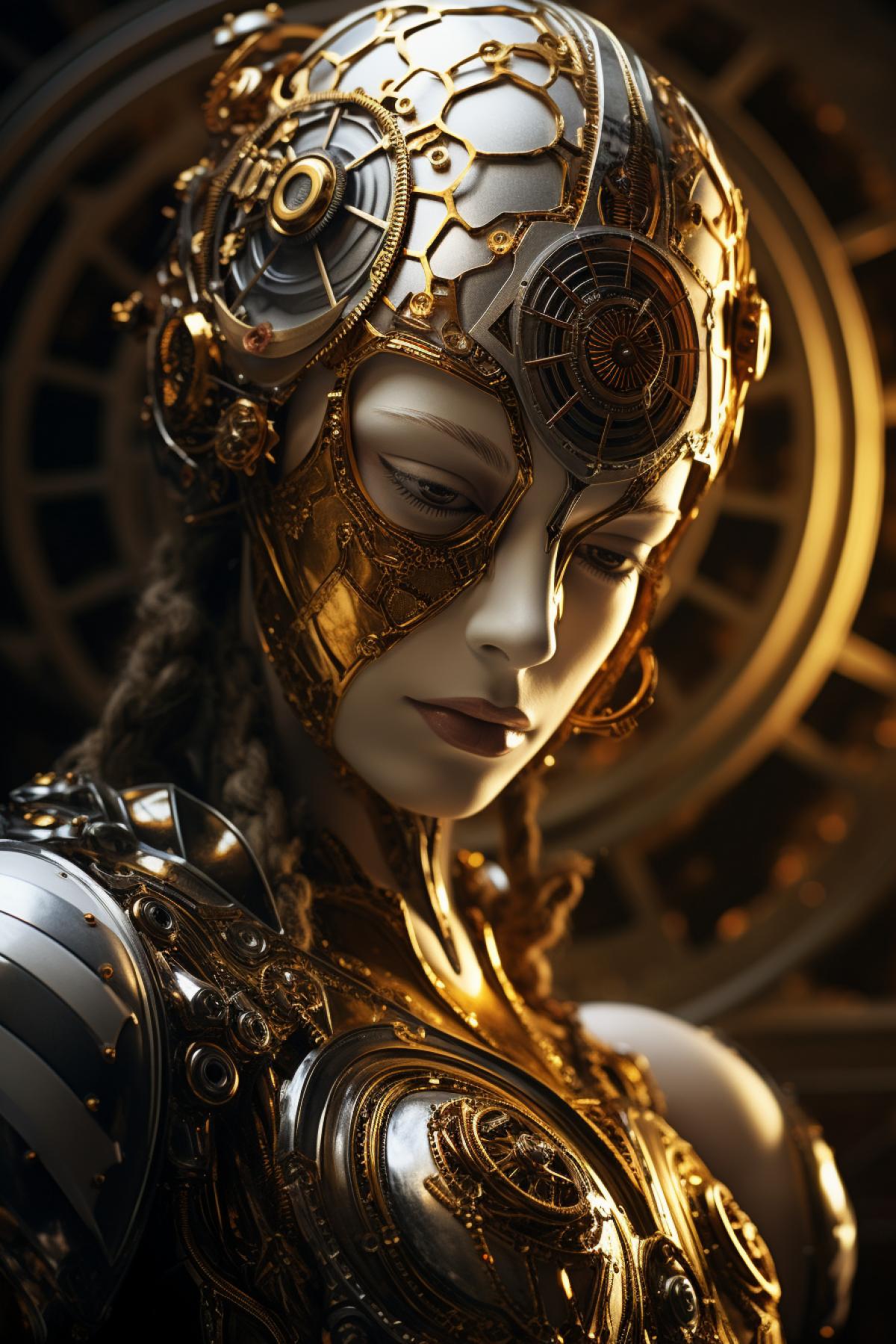 Steampunk female android brsilver gears gems with beautiful human sad female face sad about rising sun